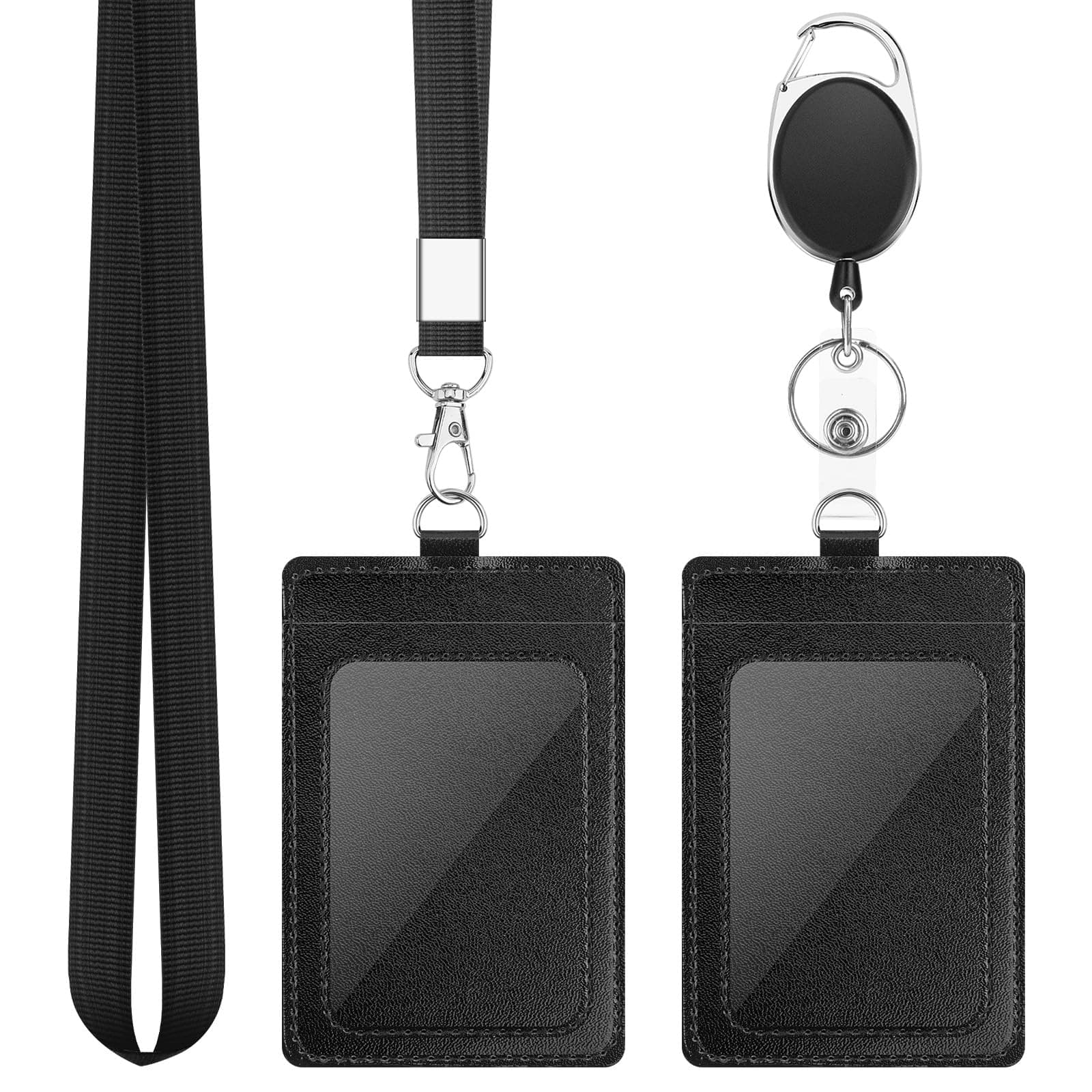 DUPENCD 2 Pack Badge Holders, Vertical PU Leather ID Badge Card Holder with Detachable Neck Lanyard Strap and Retractable Badge Reel ID Card Holders Set, Detachable Keychain, Cruise Ship Cards Holder