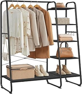 VASAGLE Clothes Rail, Clothes Rack with Shoe Shelf, 5-Tier Storage Rack, 6 Side Hooks, for Bedroom, Living Room, Ebony Black and Matte Black RGR116B02