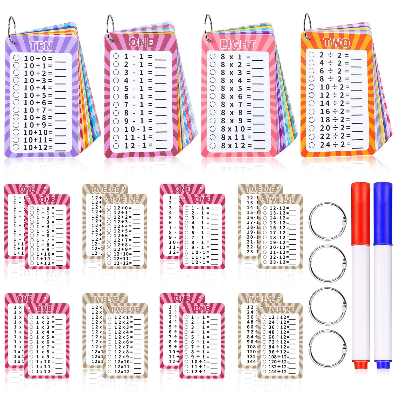 4 Packs of 49 Pcs Multi Math Flash Cards, Addition, Subtraction, Multiplication, & Division Flashcards with 2 Dry Erase Markers 4 Rings Math Games