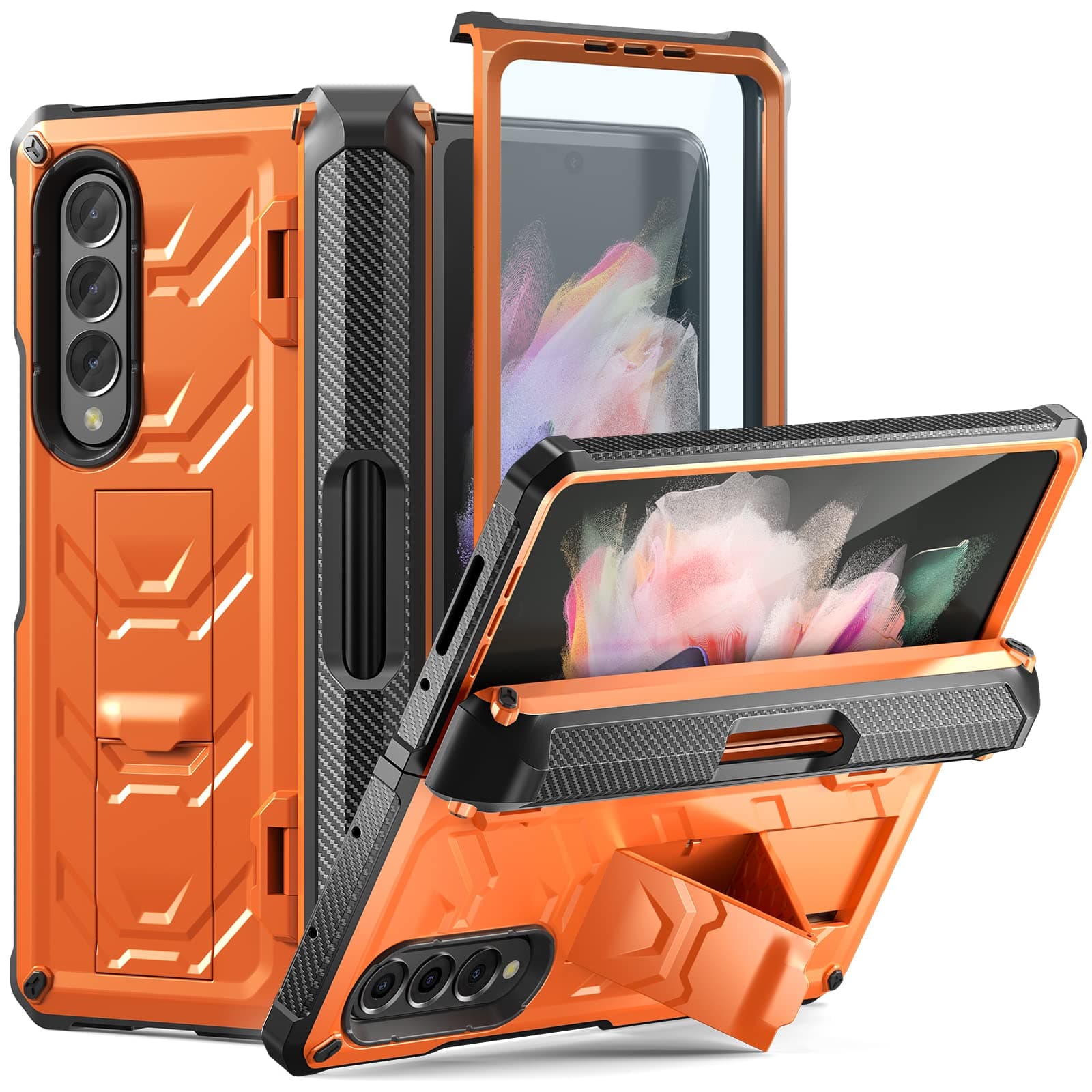 Rugged Case Armor for Samsung-Galaxy-Z-Fold-3 w/ Built-in [Kickstand] [S Pen Holder] [Screen Protector] [Hinge Protection], Heavy Duty Shockproof Protective Cover NOT FIT Z Fold4/2 (Orange)