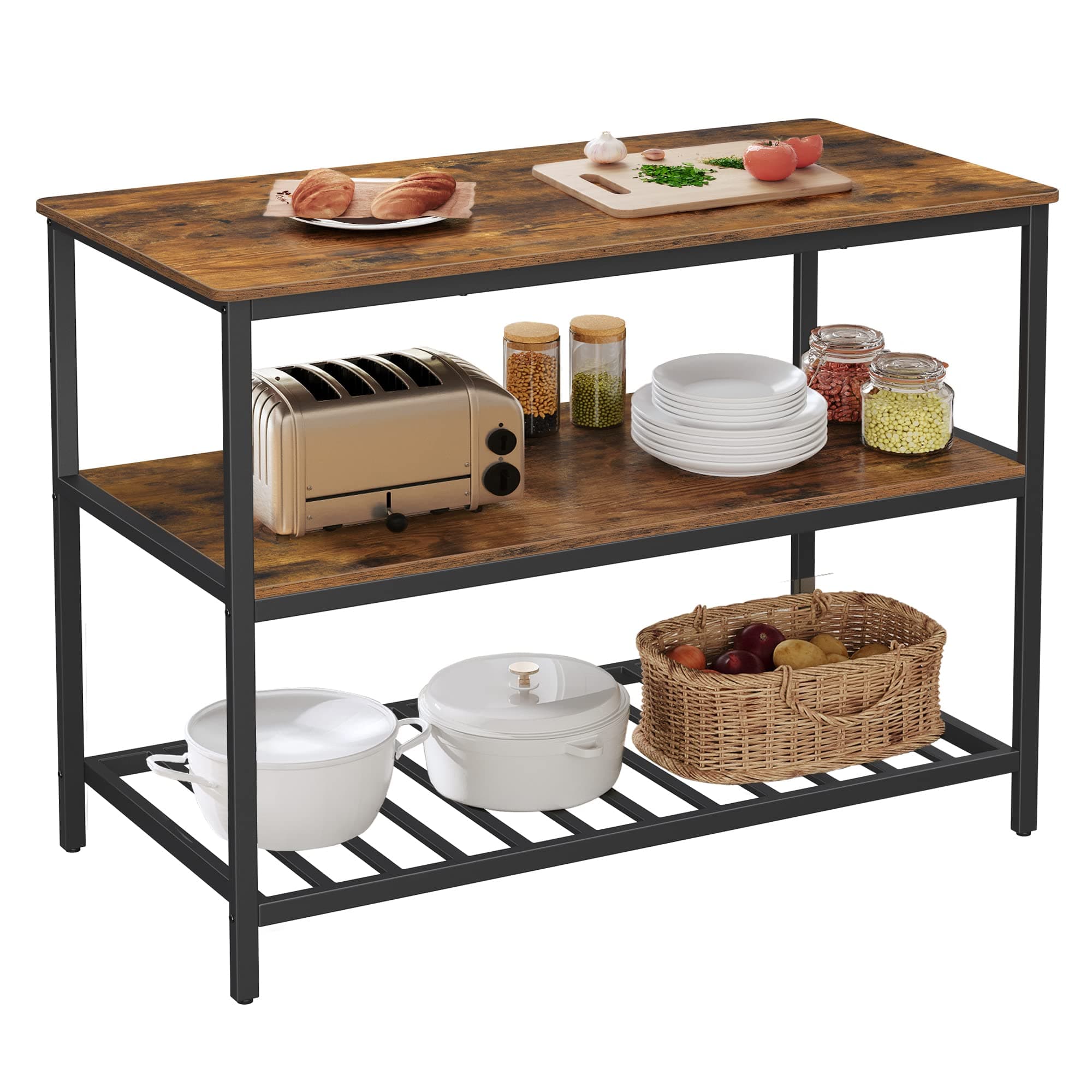 VASAGLE Kitchen Island with 3 Shelves, 47.2 Inches Width Kitchen Shelf with Large Worktop, Stable Steel Structure, Industrial, Easy to Assemble, Rustic Brown and Black UKKI01BX