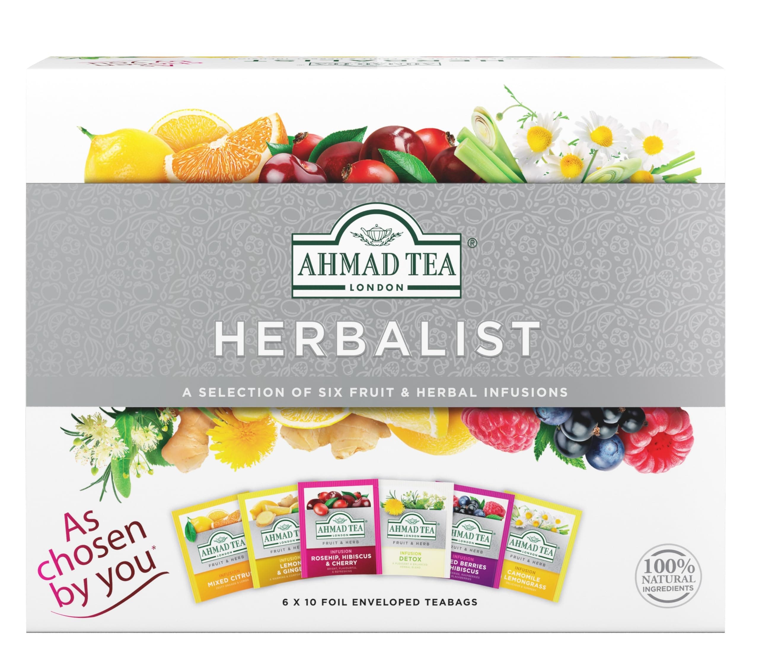 Ahmad Tea Selection Pack - Fruit and Herbal Infusions Gift Set | 60 Teabag Sachets in 6 Flavours