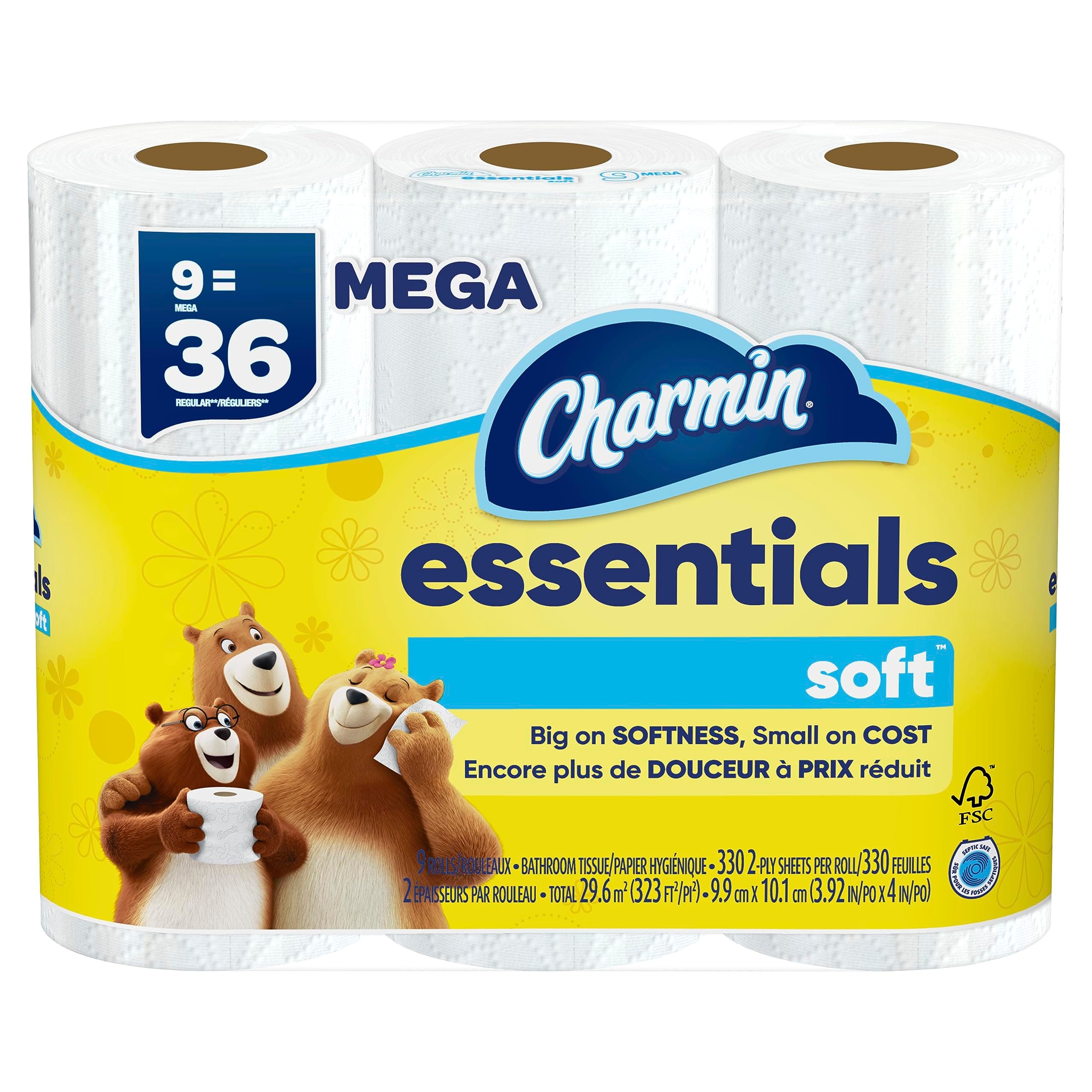 Essentials Soft Toilet Paper, 9 Mega Rolls = 36 Regular Rolls