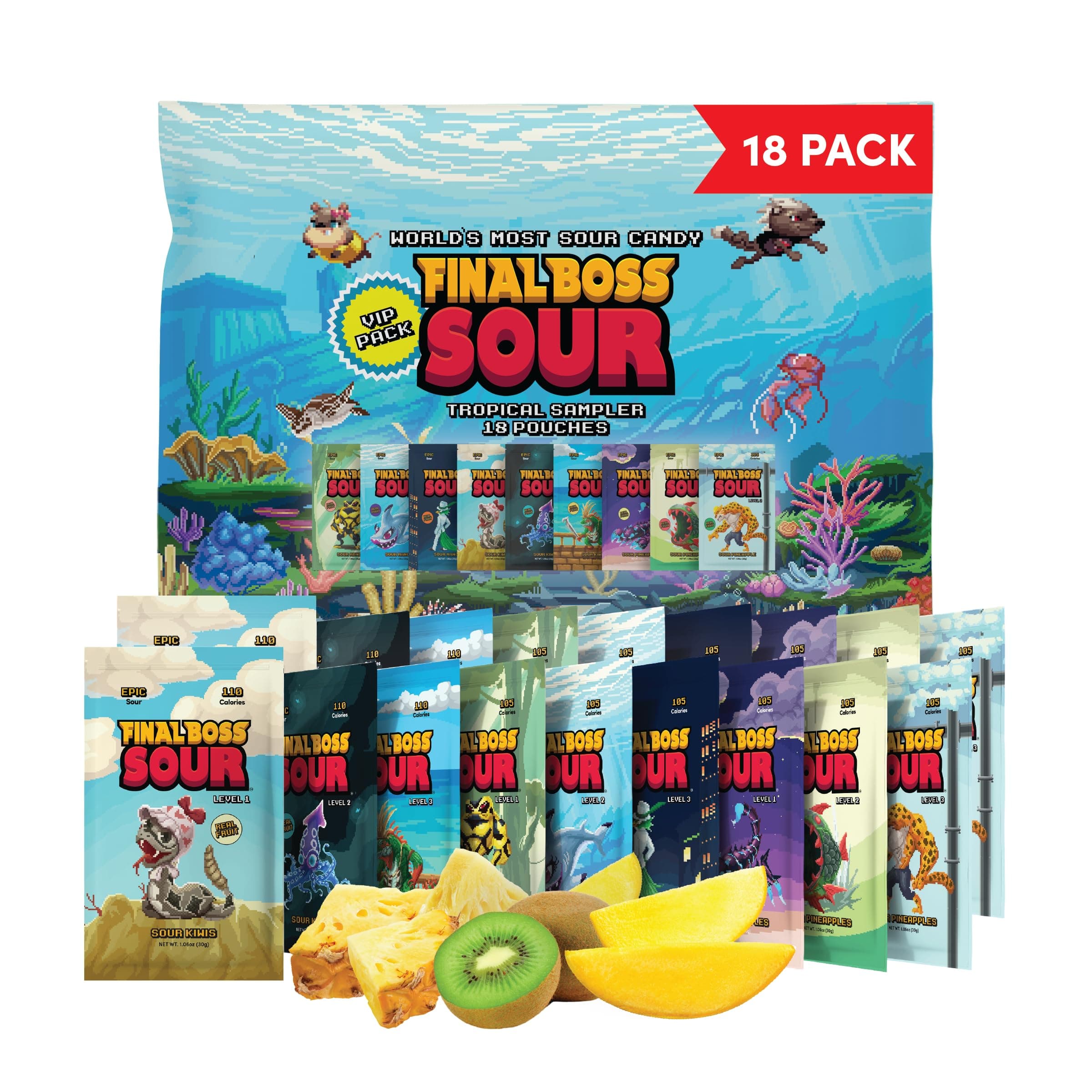 Final Boss Super Sour Candy, Tropical Sampler, 18 Pack, All Sour Levels, Fruit Chews with Real Dried Fruit, No Artificial Colors or Flavors, Low Calorie Snack for Kids, Teens & Adults
