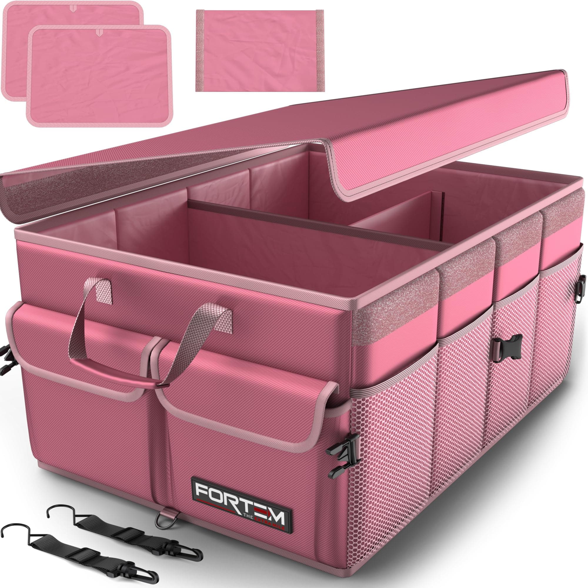 FORTEM Car Boot Organizer, Foldable Storage With Non-Slip Bottom, Adjustable Attachment Strap (Pink, Standard)