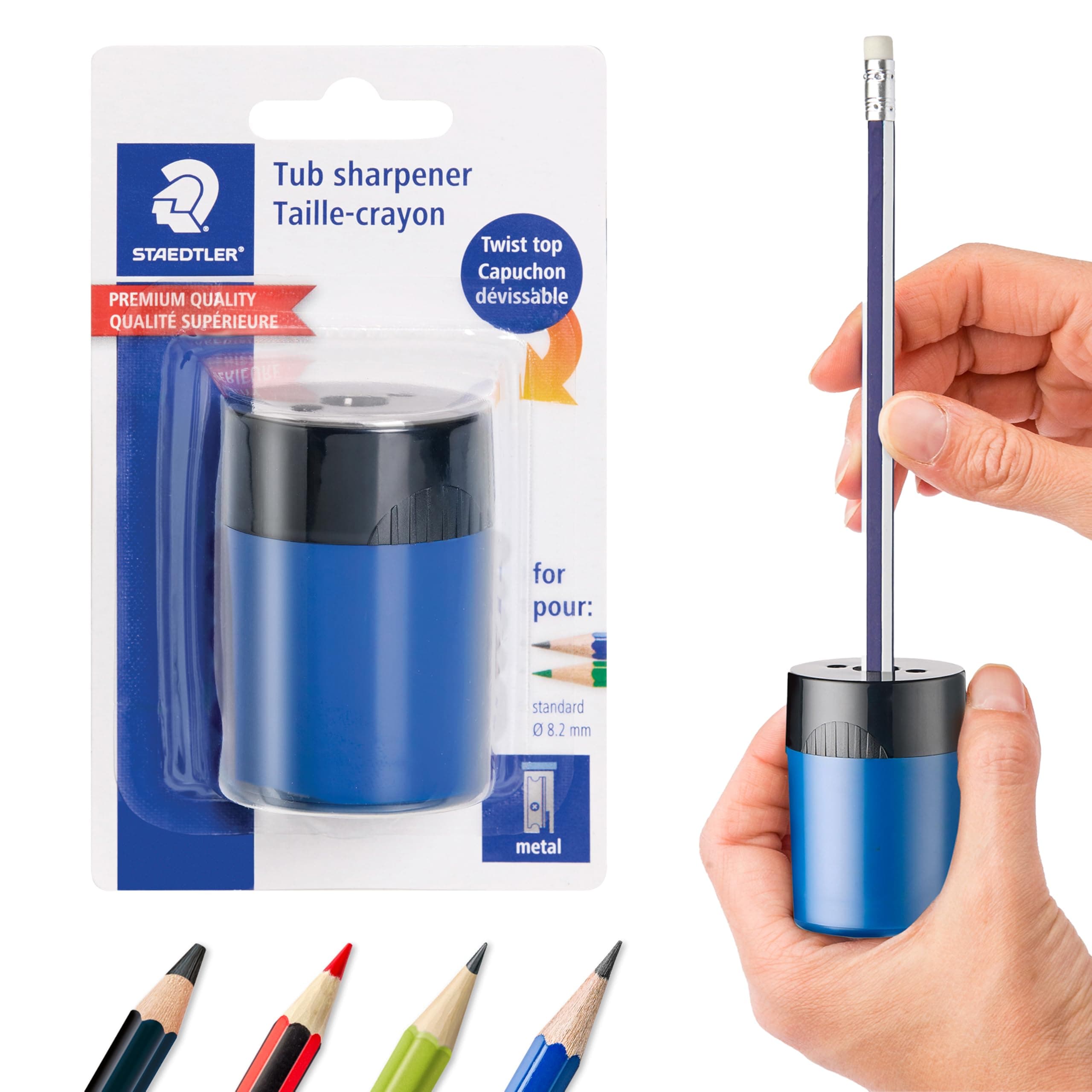 STAEDTLER pencil sharpener, premium quality sharpener with screw-on lid, prevents accidental openings, compact size for pencil case and work-station, 511 63BK (Pack of 1), Assorted colors.