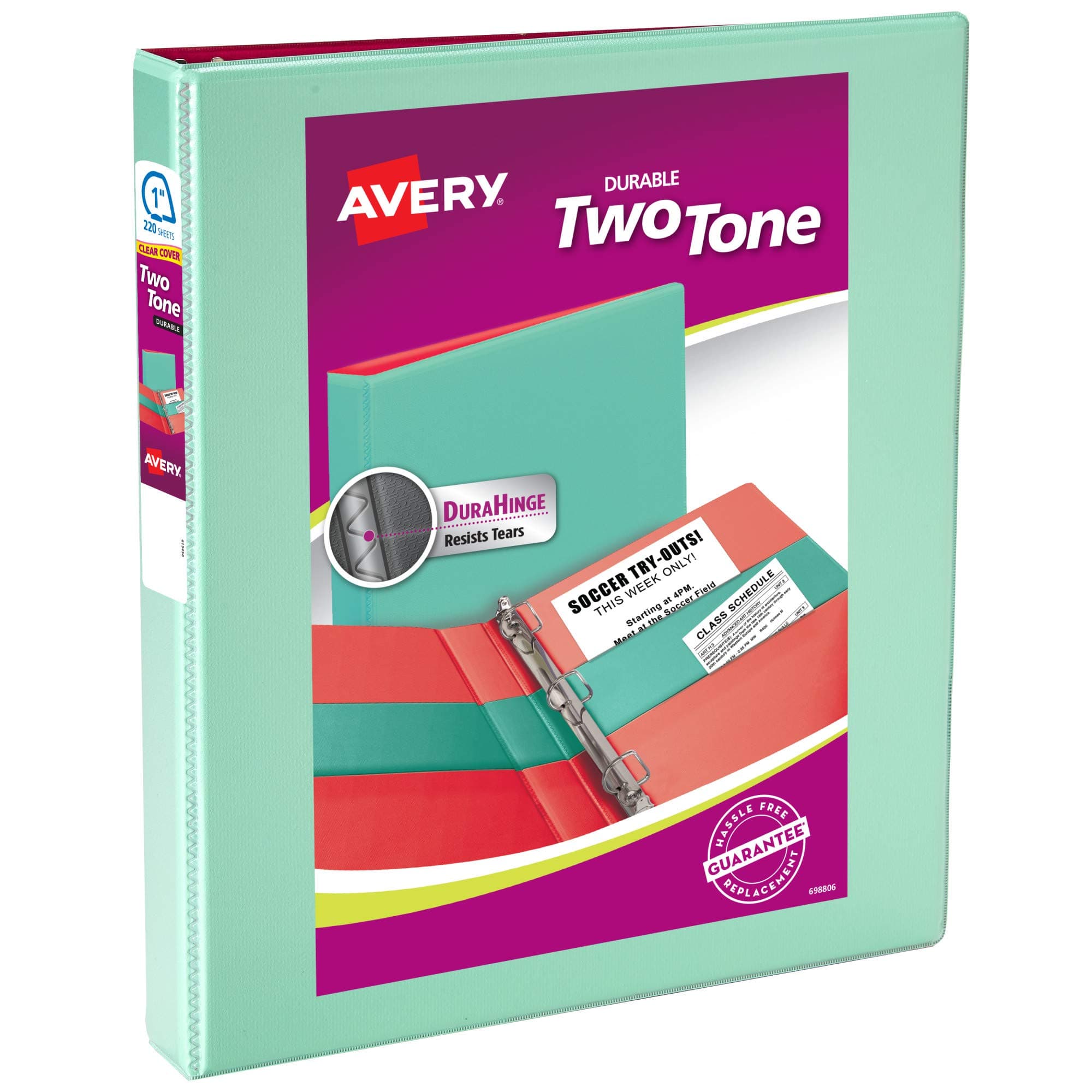 Two-Tone Durable View 3 Ring Binder, 1 Inch Slant Rings, Mint/Coral Binder (17288)