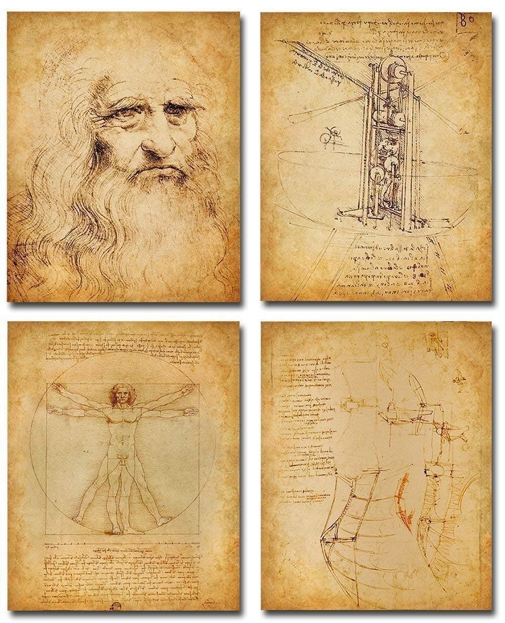 Original Leonardo da Vinci Art Prints - Great Home Office and Science Classroom Decor, Dorm Room and School Accessories, Vintage Teacher Gift Idea, Set of 4 Photos 8x10 Unframed Art Print Posters