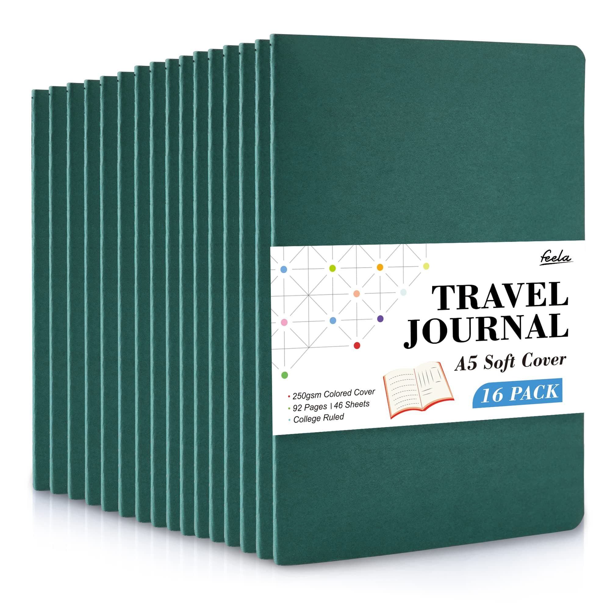 feela 16 Pack Soft Cover Notebooks A5 Lined Journal Notebooks College Ruled for Work, Lined Travel Journal for Women Men, Note Taking Study Notepad School Supplies Business Writing Note Books, Green