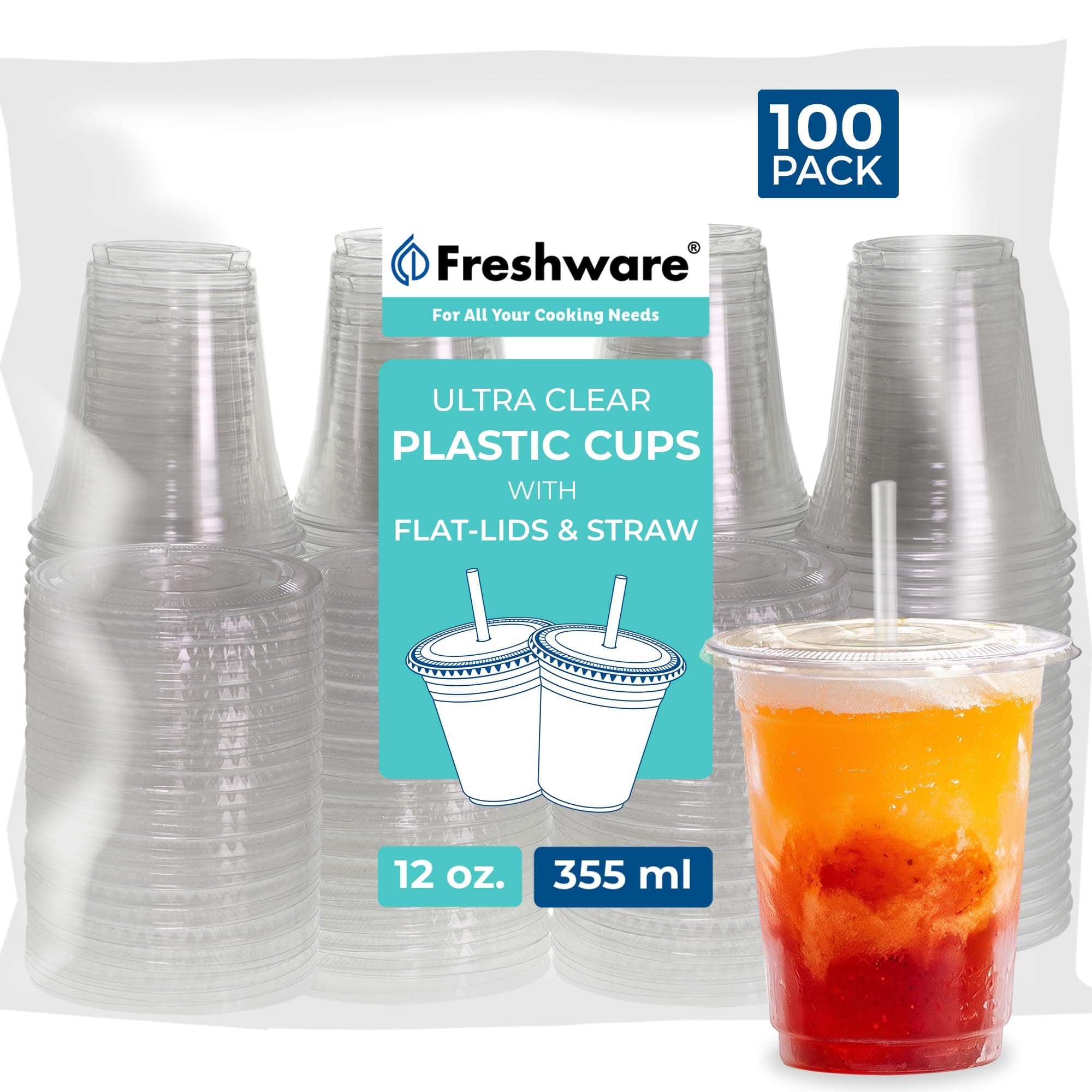 Clear Plastic Cups with Flat Lids and Straws [100 Cups - 12 oz] Disposable Tumblers for Iced Coffee, Smoothie, Milkshake, Cold Drinks