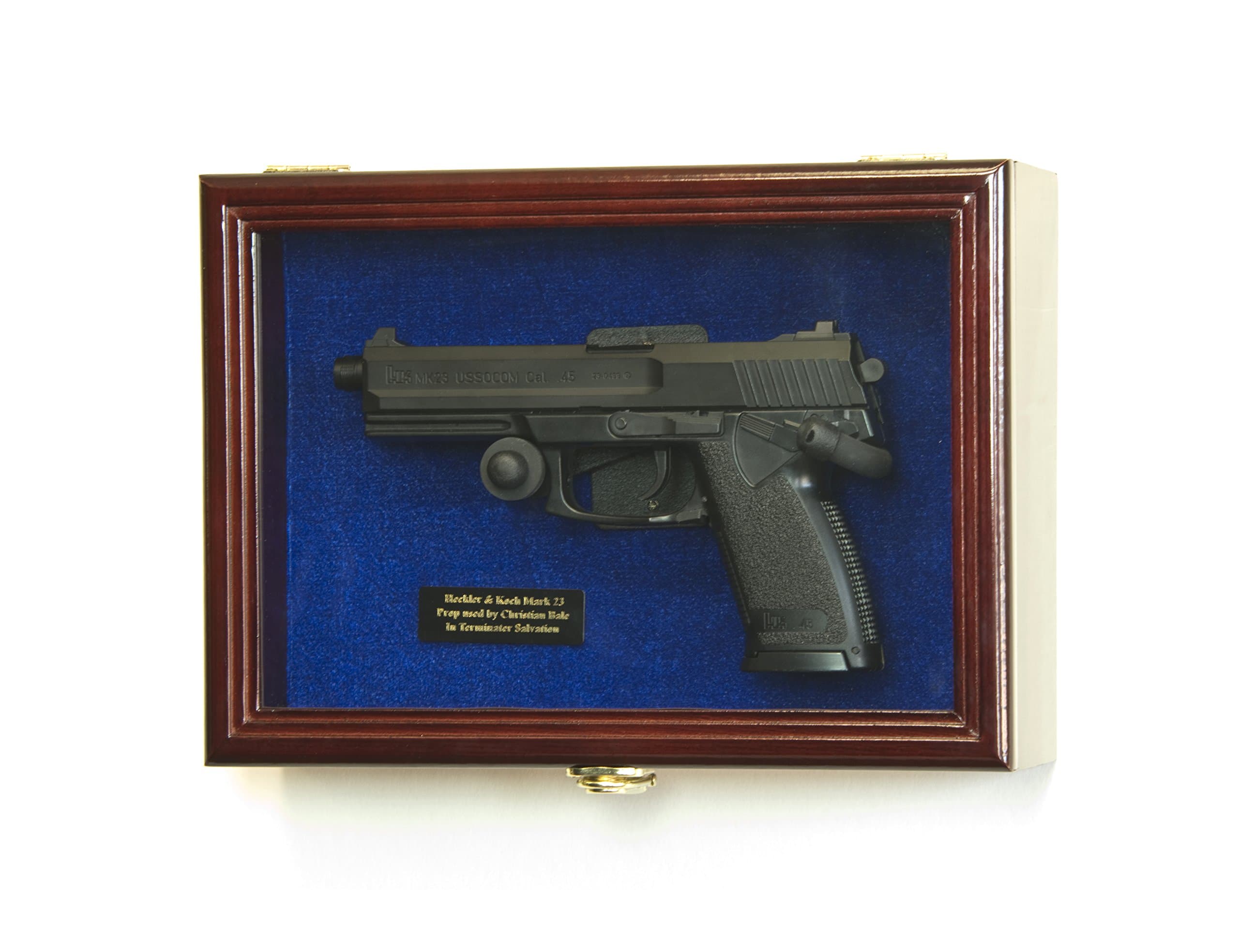 Single Pistol Display Case Wall Mount Solid Hardwood Cabinet (Cherry Finish, Blue Felt Background)