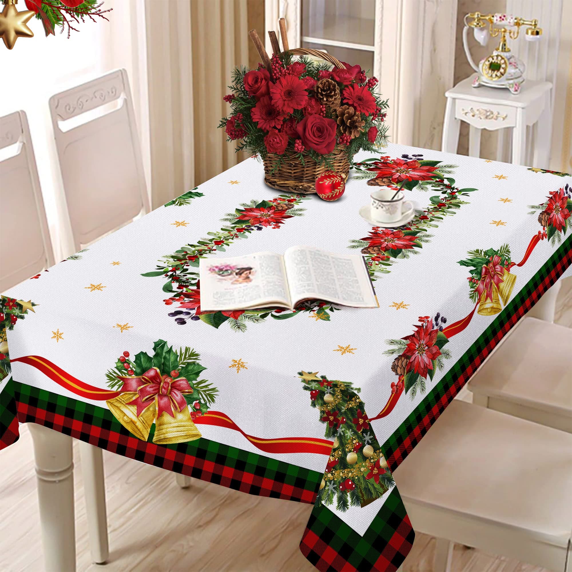 Christmas Tablecloth Winter Table Cloth for Rectangle Tables 60 x 120 White Xmas Tree Snowflake Holiday Red Buffalo Plaid Check Green Holly Farmhouse Rustic Party Outdoor Decor Christmas Table Cover