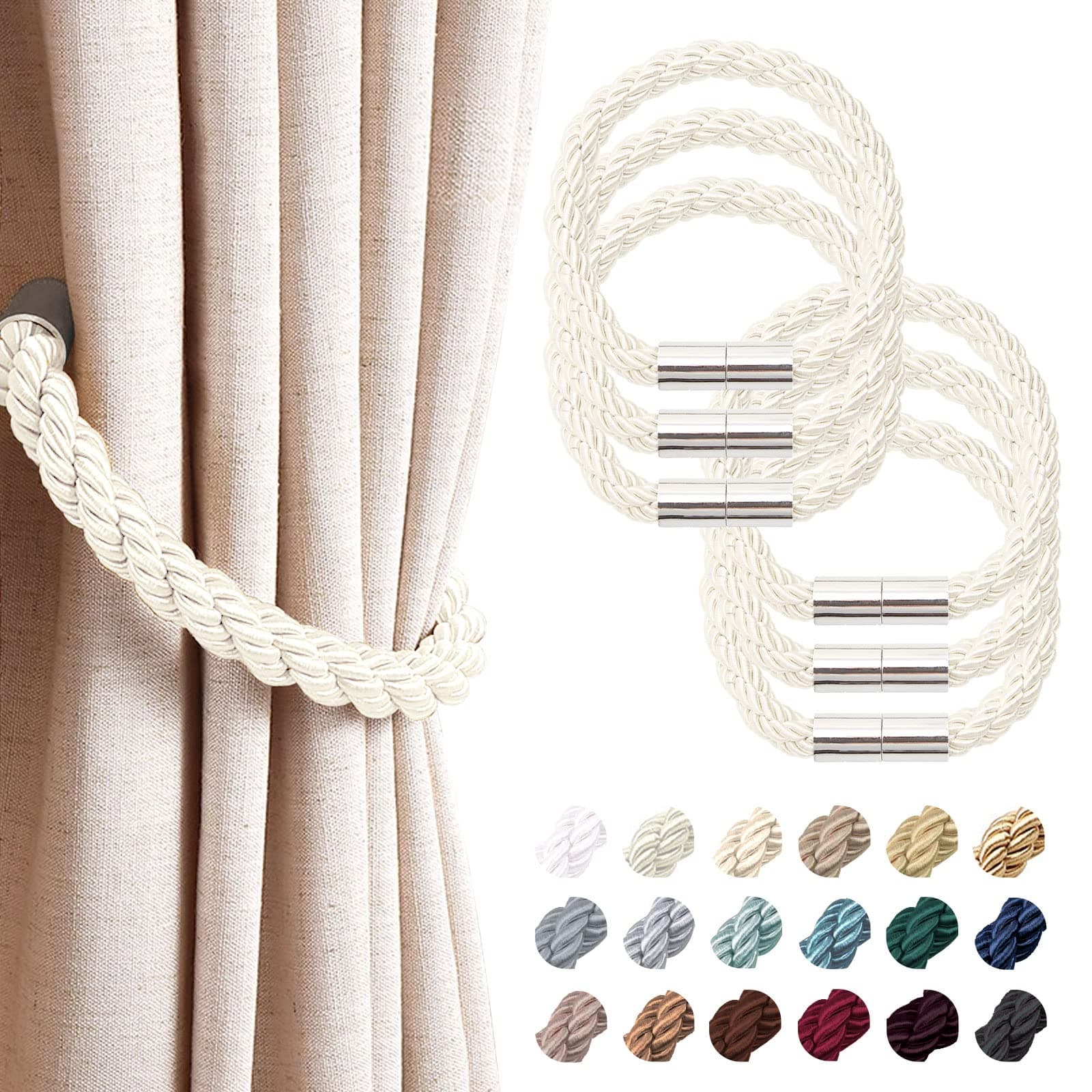 NICEEC 6 Pack Strong Magnetic Curtain Tiebacks Modern Simple Style Drape Tie Backs Convenient Decorative Weave Rope Curtain Holdbacks for Thin or Thick Home & Office Window Draperies (Creamy-White)