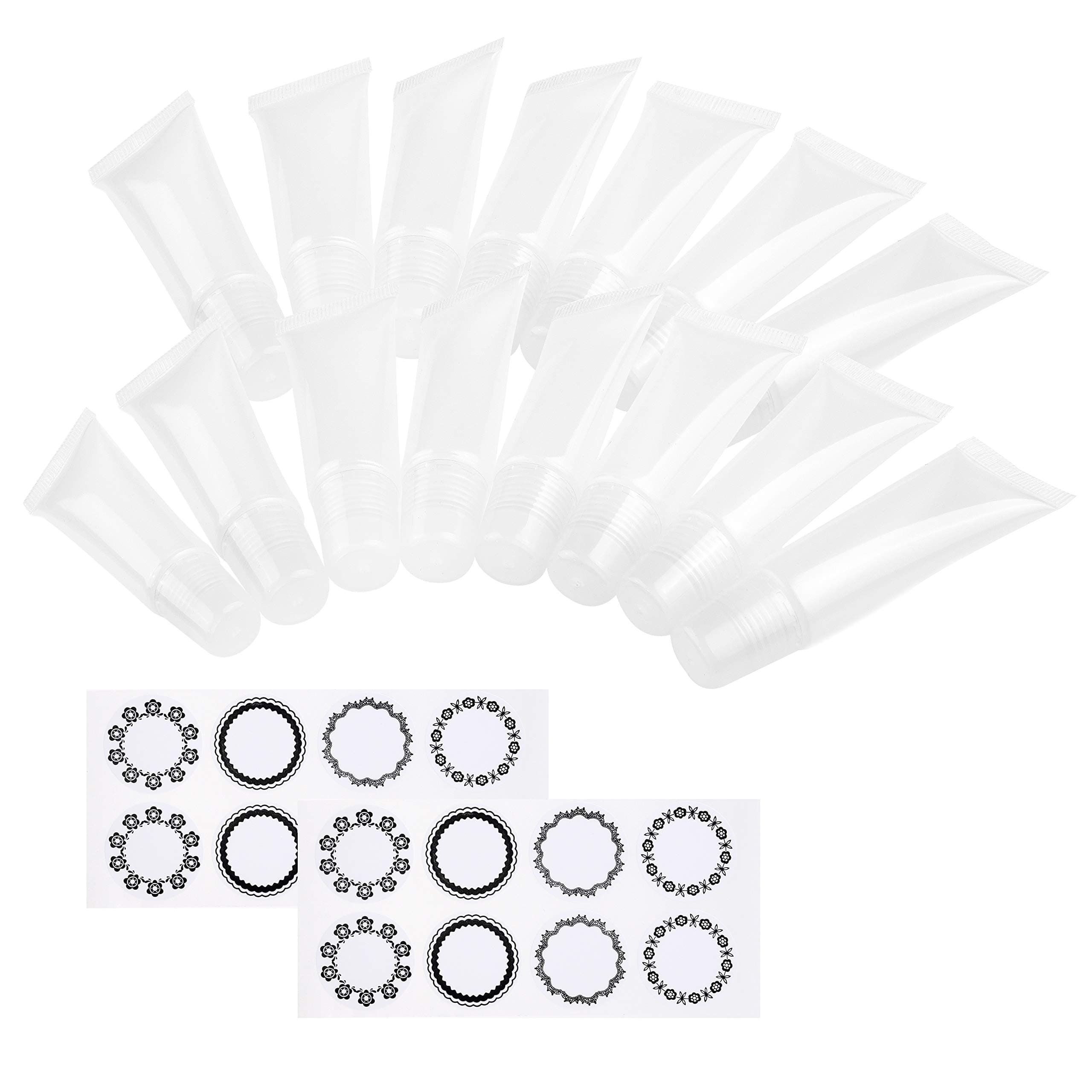 Kare & Kind 15-pack, 8ml Clear Empty Soft Lip Gloss Tubes- Refillable Container Bottles for Cosmetics, Makeup, Lip Gloss, Lip Balm, Accessories- for Travel, Gifts, DIY- 32 Sticker Labels Included,