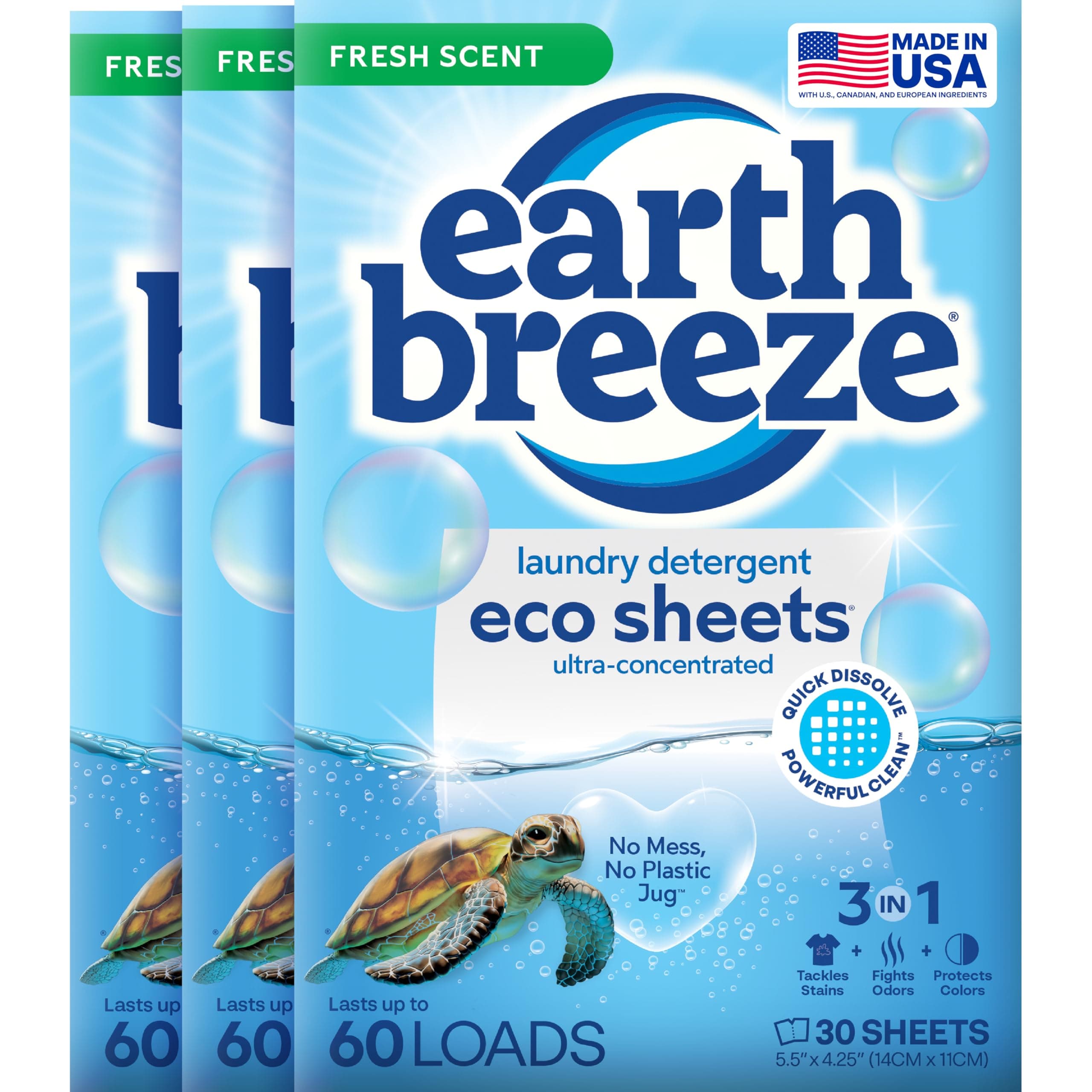 Liquid-less Laundry Detergent Sheets - Fresh Scent - No Plastic Jug (180 Loads) 90 Sheets (Pack of 3)