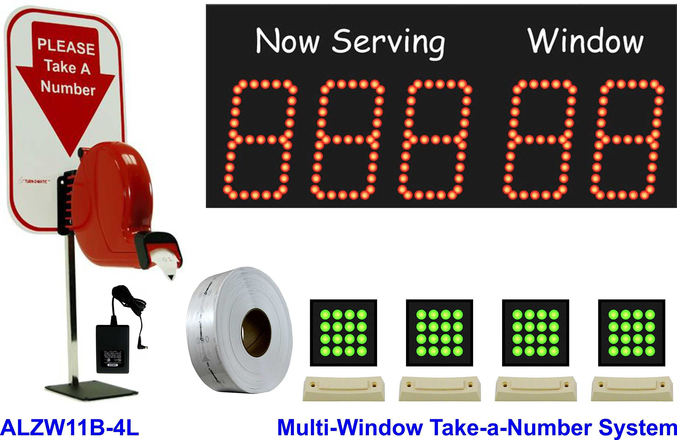Multi-Window Take-a-Number System Showing 3-Digit Ticket Number and 2-Digit Window Number and Flashing Indicator Lamps Over Each Window for Waiting Line Management