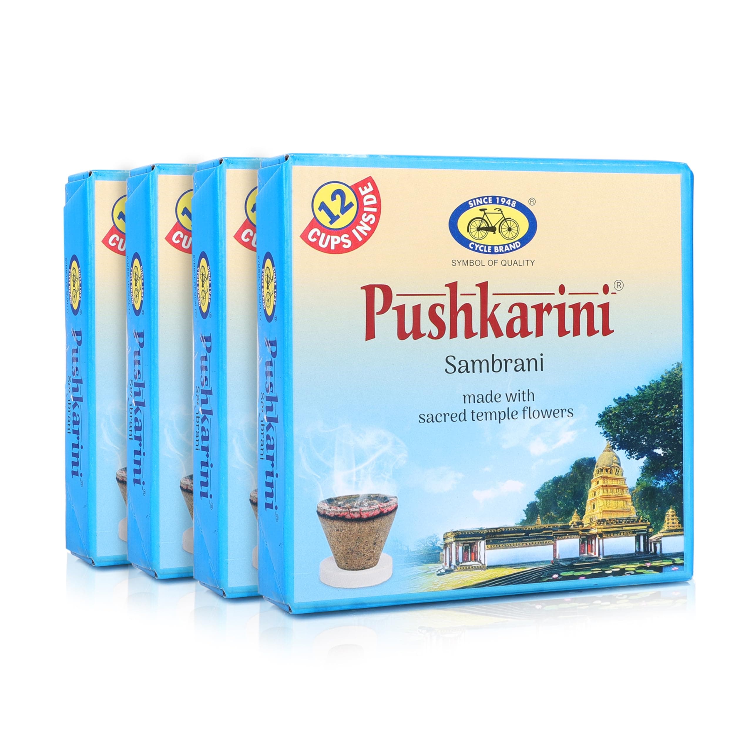 Cycle Pure Pushkarini Sambrani Dhoop Cups for Pooja (48 pcs) | Havan Cups for Pooja, Home & Festivals | Guggal/Loban Dhoop Original | Flowers Fragrance | Pack of 4 (12 Cups/pack + 1 burner plate/pack