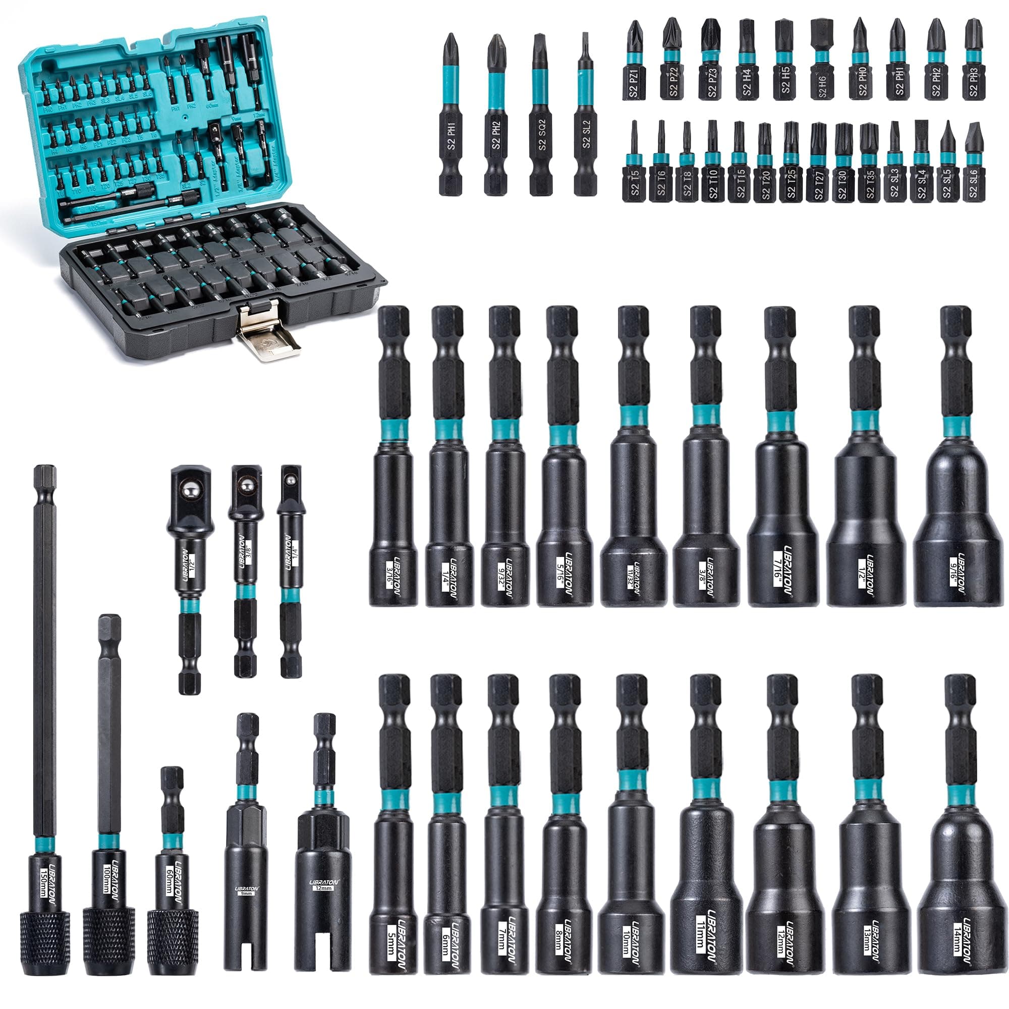 54PCS Magnetic Nut Driver Set, Impact Drill Driver Bit 1/4", Metric & SAE Nut Drivers for Impact Drill, Socket Adapters, Screwdriver Bit, Quick-Release Extension, Wing Nut Driver, Storage Box