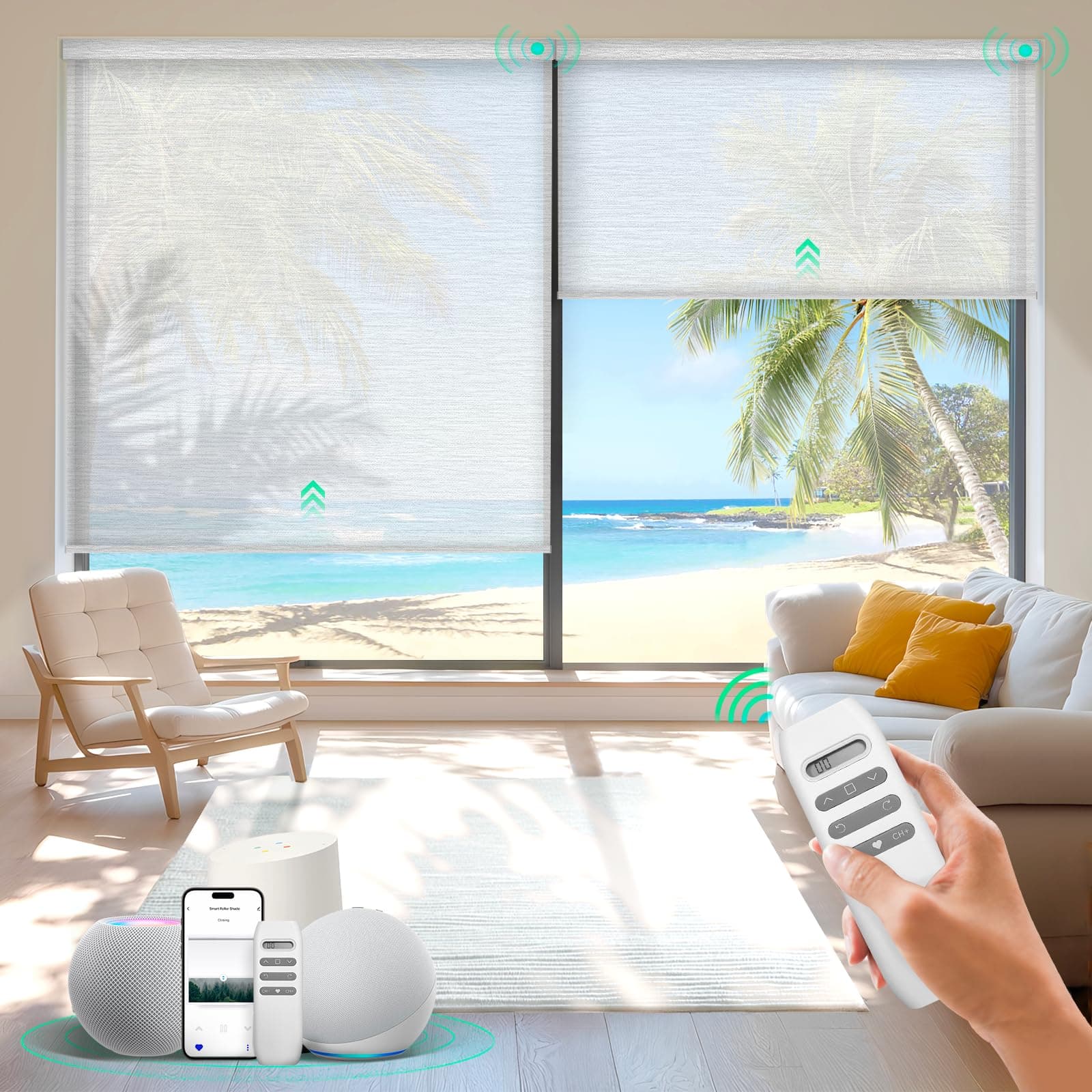 HeyBlinds Motorized Blinds with Remote, Smart Roller Shades with App & Voice Control, Work with Alexa Google HomeKit, Light Filtering Custom Shades for Living Room (Light Chaser-Perla Bianca LF)