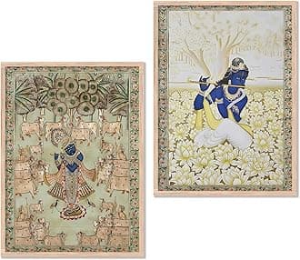 kotart Traditional Pichwai Wall Art Painting Set of 2 | Lord Krishna Playing Flute & Cow Theme | MDF Wooden Framed Spiritual Wall Decor for Living Room & Pooja Room (Art 6, 10x13 inch)