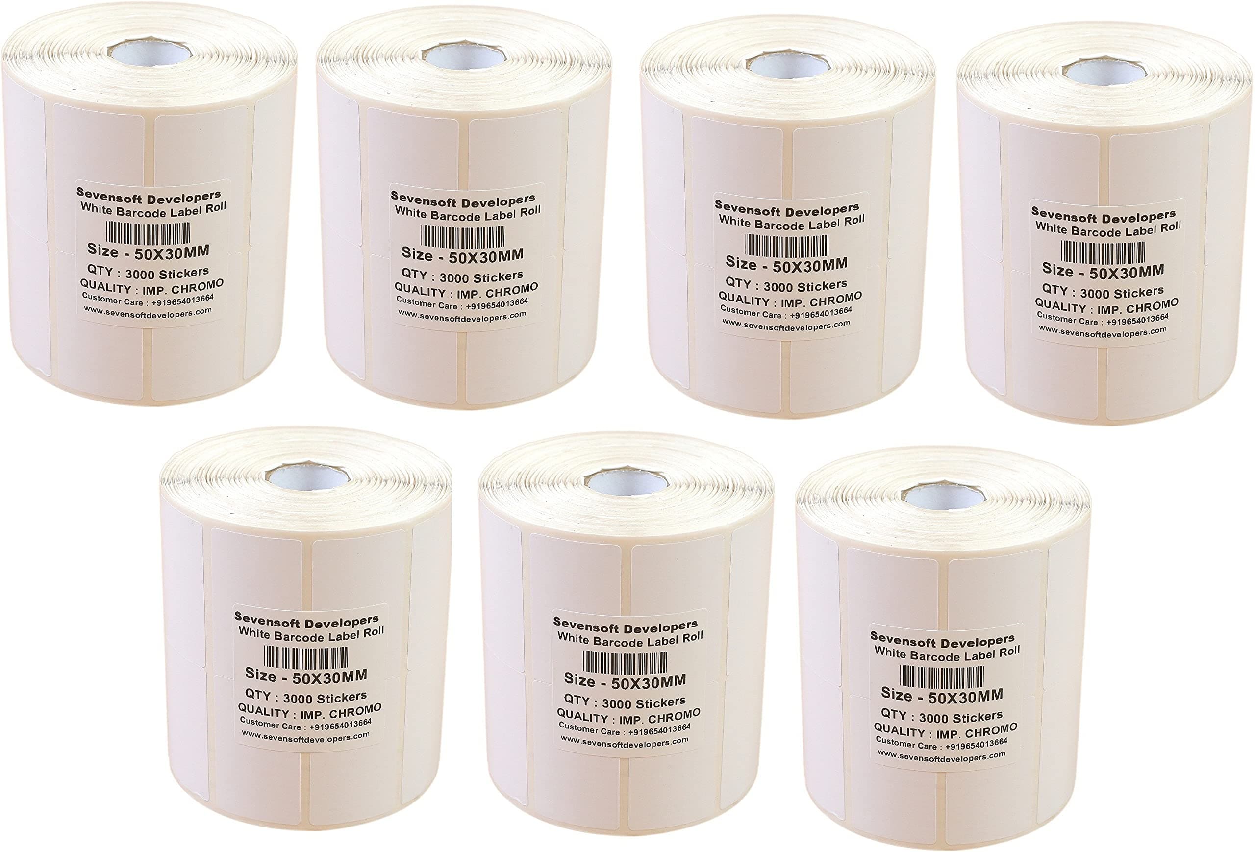 Sevensoft Developers 50X30MM Barcode Label Set of 7 Self-Adhesive Paper Label Shipping Ribbon, stiker tag (White)- 3000 Labels, Stickers in per Roll