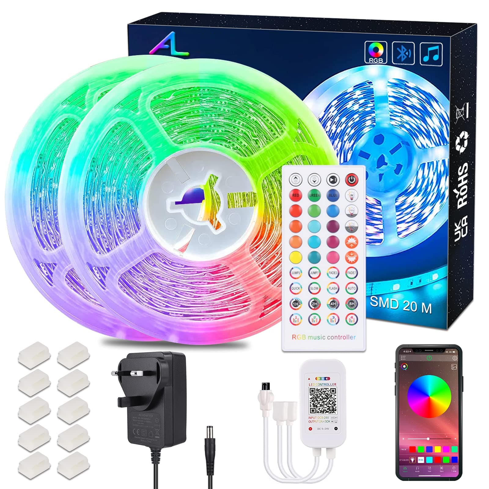 ALED LIGHT Bluetooth LED Strip Lights 20M, Music Sync Color Changing 12V RGB 5050 Rope Light Strips Kit App Control with Remote for Home Decor, Ceiling, Bedrooms, Party TV Kitchen Kit(2x10m)