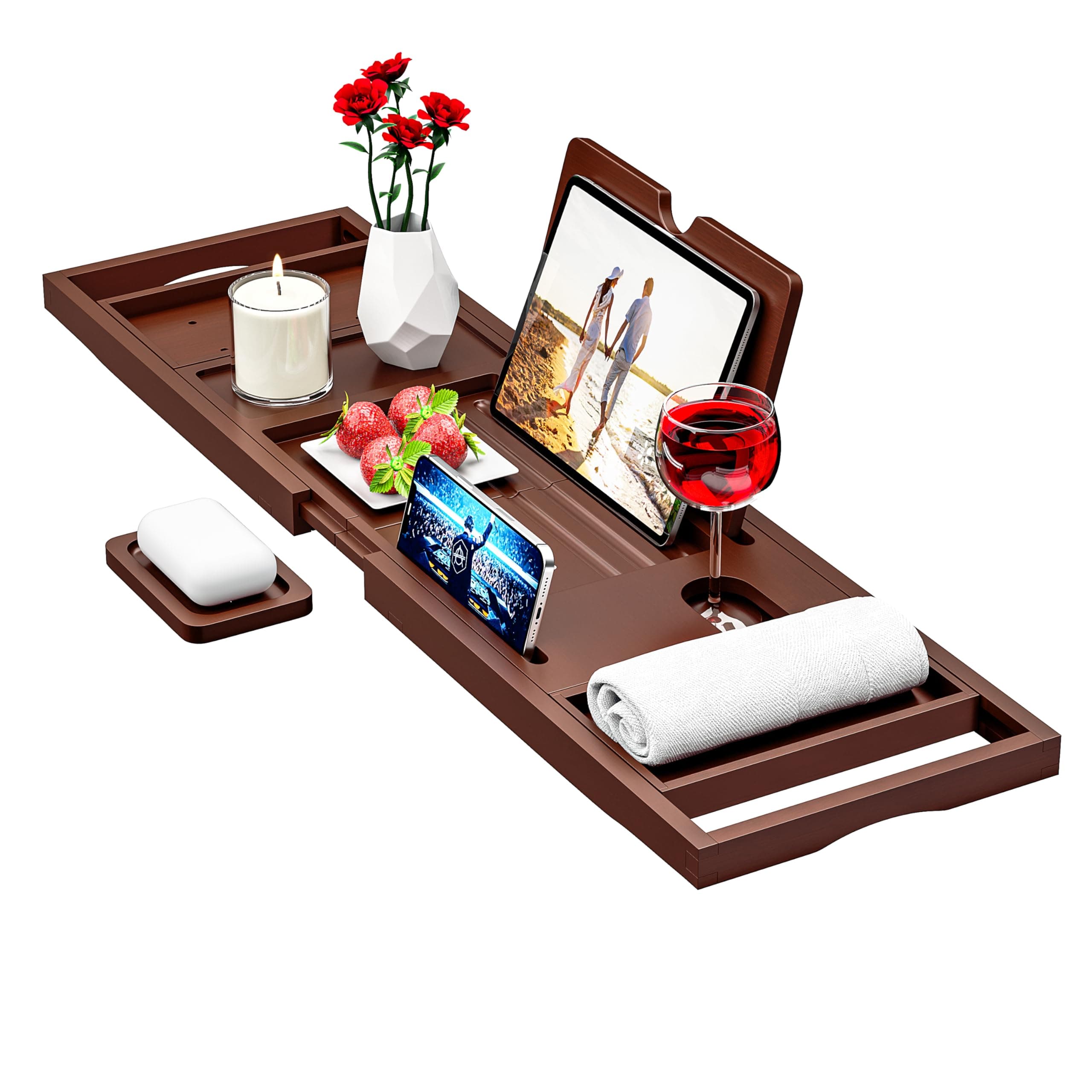 Premium Bamboo Bath Tray Caddy – Extendable Bath Caddy Tray, Wine Glass Holder, Device (Tablet, Kindle, iPad, Smart Phone) Tray for a Home-Spa Experience – Fits Most Bath Sizes