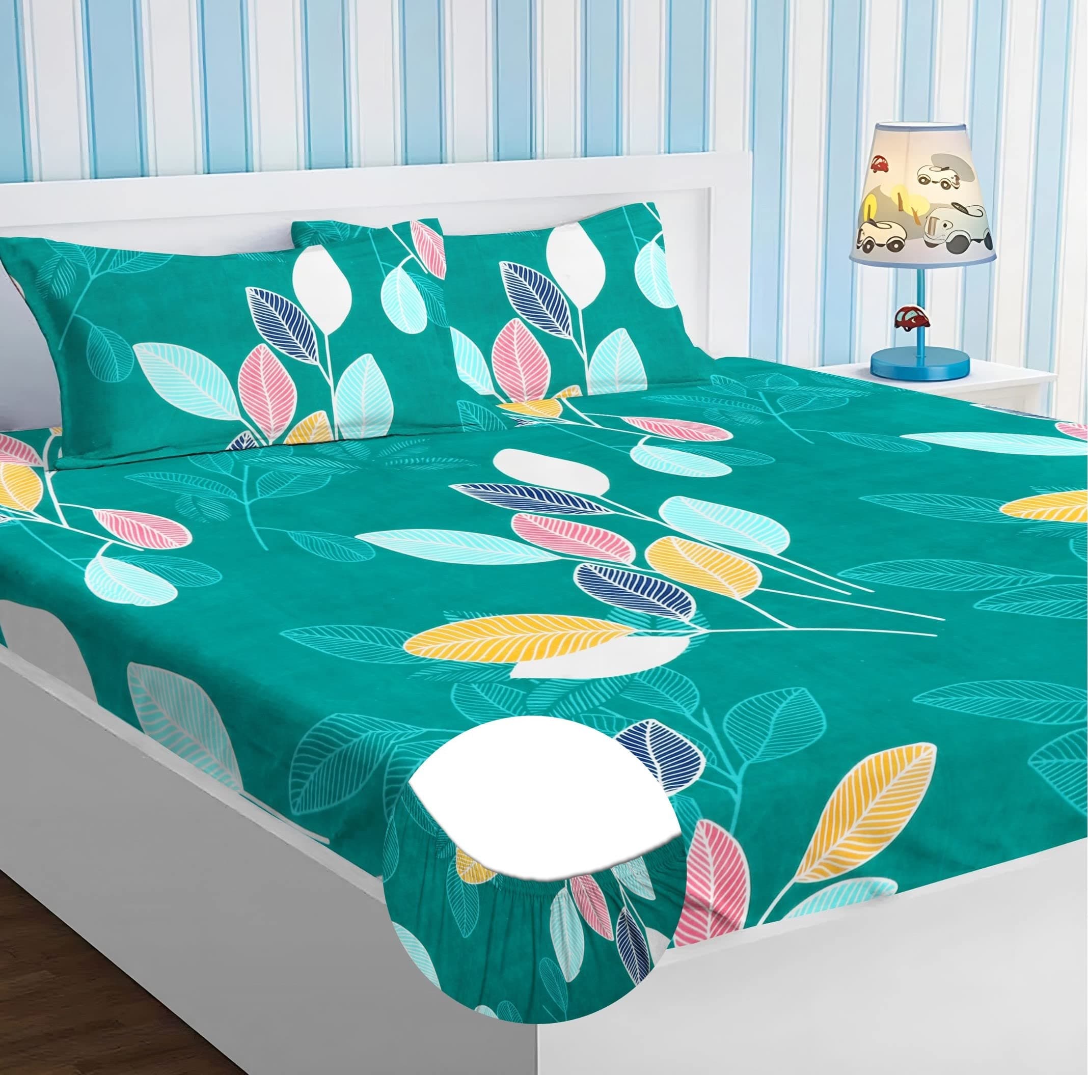 Premium Cotton Elastic Fitted Bedsheets with 2 King Size Pillow Covers | Double Bed with All Around Elastic 180 TC Supersoft | Size - 72 King Sizex78+10 inches | Blue and White Leaf