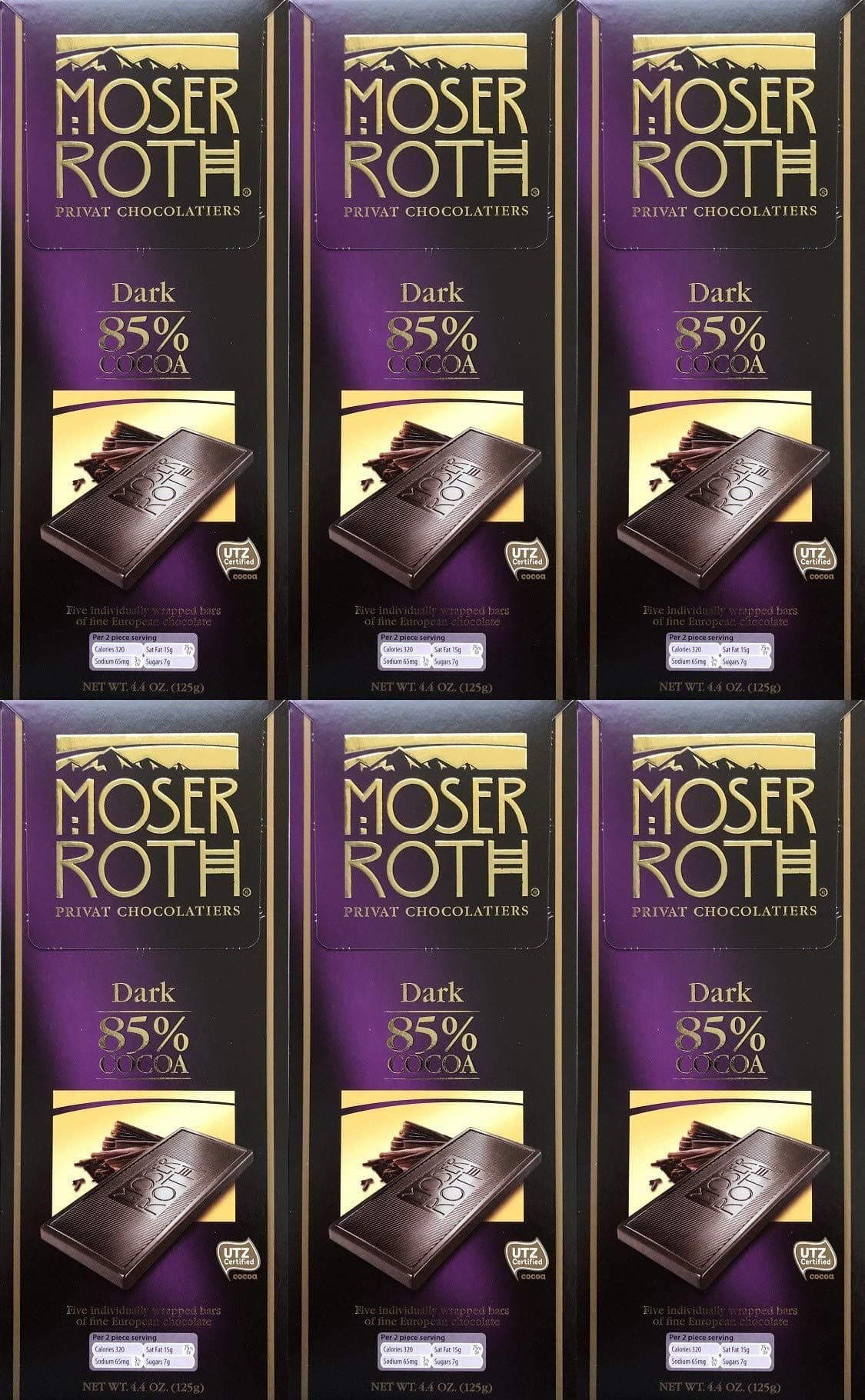 Boxed 6 Pack ~ 85% Cocoa Dark Chocolate ~ Moser Roth Fine German Chocolate Bar (s) ~ With Bonus Sample!