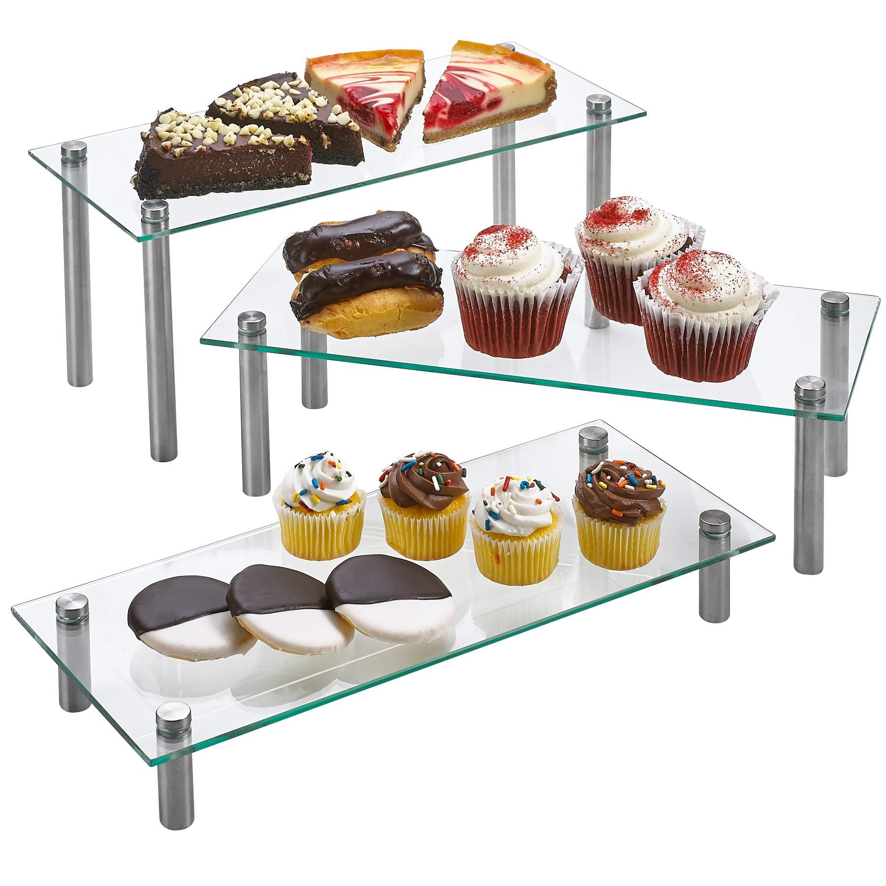 3 Tier Rectangle Tempered Glass Retail Display Stand 6 x 14” for Cupcakes, Dessert, Bags, Perfume – Set of 3 Glass Display Raisers. (Clear)