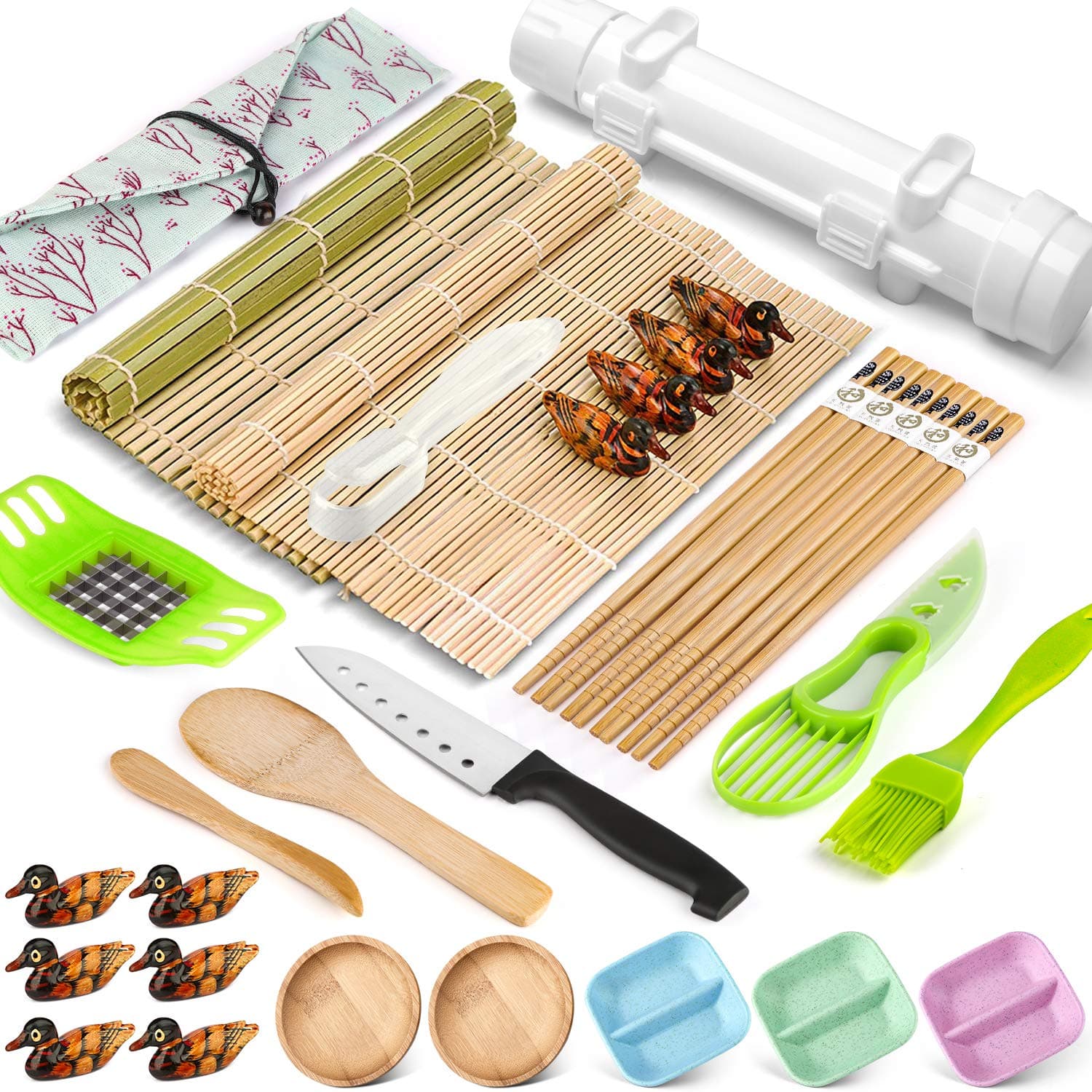 Sushi Making Kit, 28 Pcs Sushi Bazooka Maker with Bamboo Rolling Mat, Chopsticks, Paddle, Spreader, Dipping Plate for Sushi Lovers Beginners, DIY Sushi Roller Machine