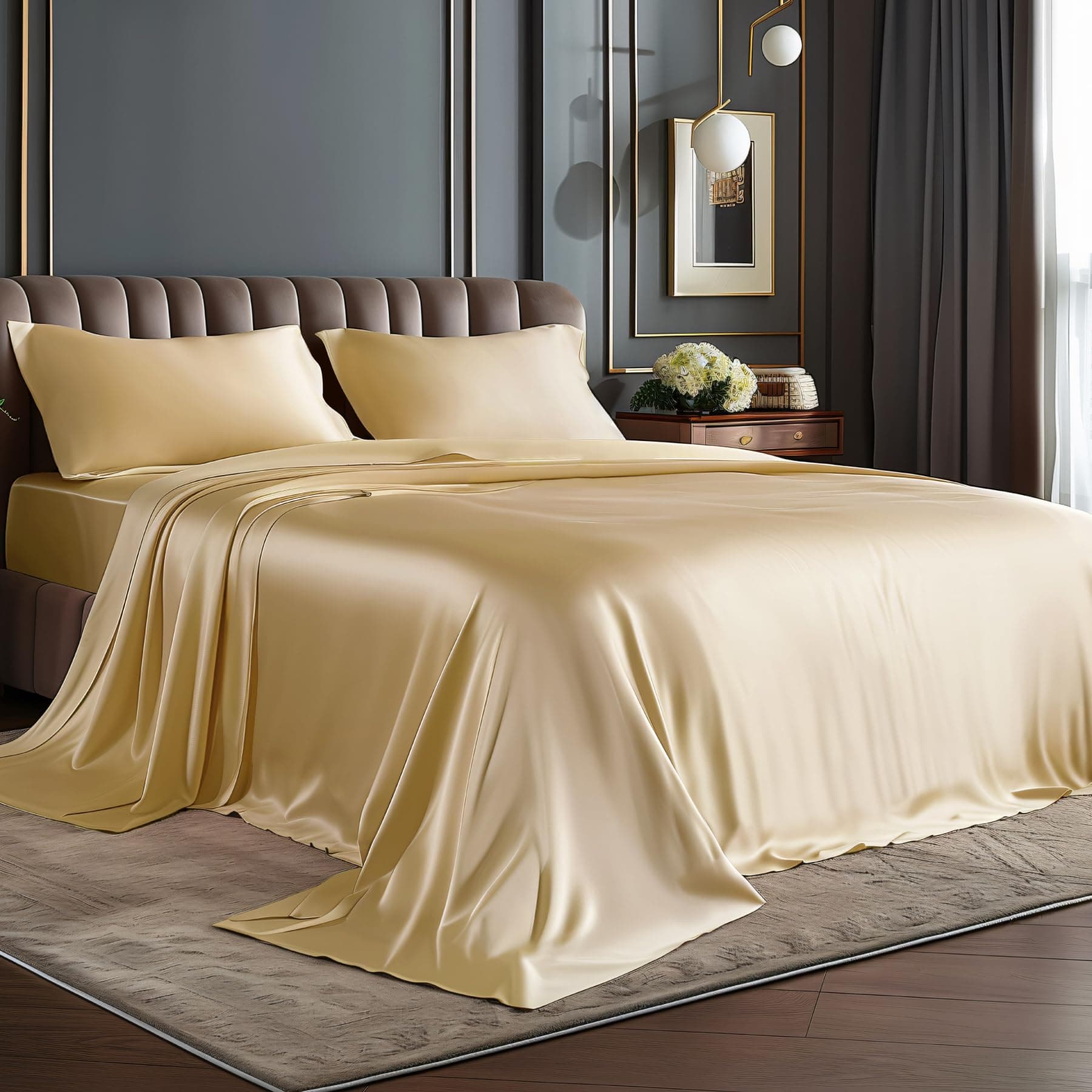 BEDELITE King Size Sheets Set, Luxury Soft Champagne Satin Sheets for Hair and Skin, Similar to Silk Bed Sheets Set 4 Pieces with 1 Deep Pocket Fitted Sheet, 1 Flat Sheet, and 2 Pillowcases