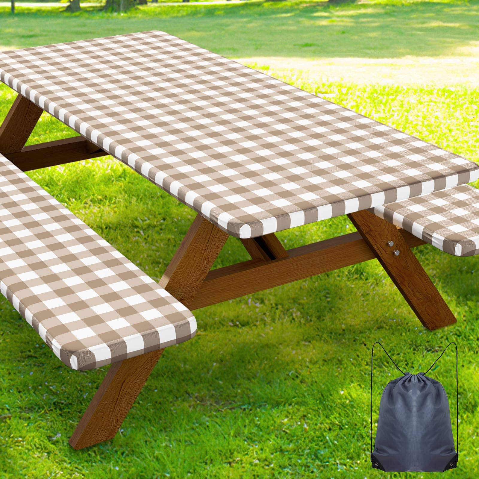 Smiry Picnic Table Cover with Bench Covers, Waterproof Elastic Fitted Tablecloths for 6 Foot Rectangle Tables, Washable Buffalo Plaid Tablecloth for Camping, Outdoor (Khaki & White, 30"x72")