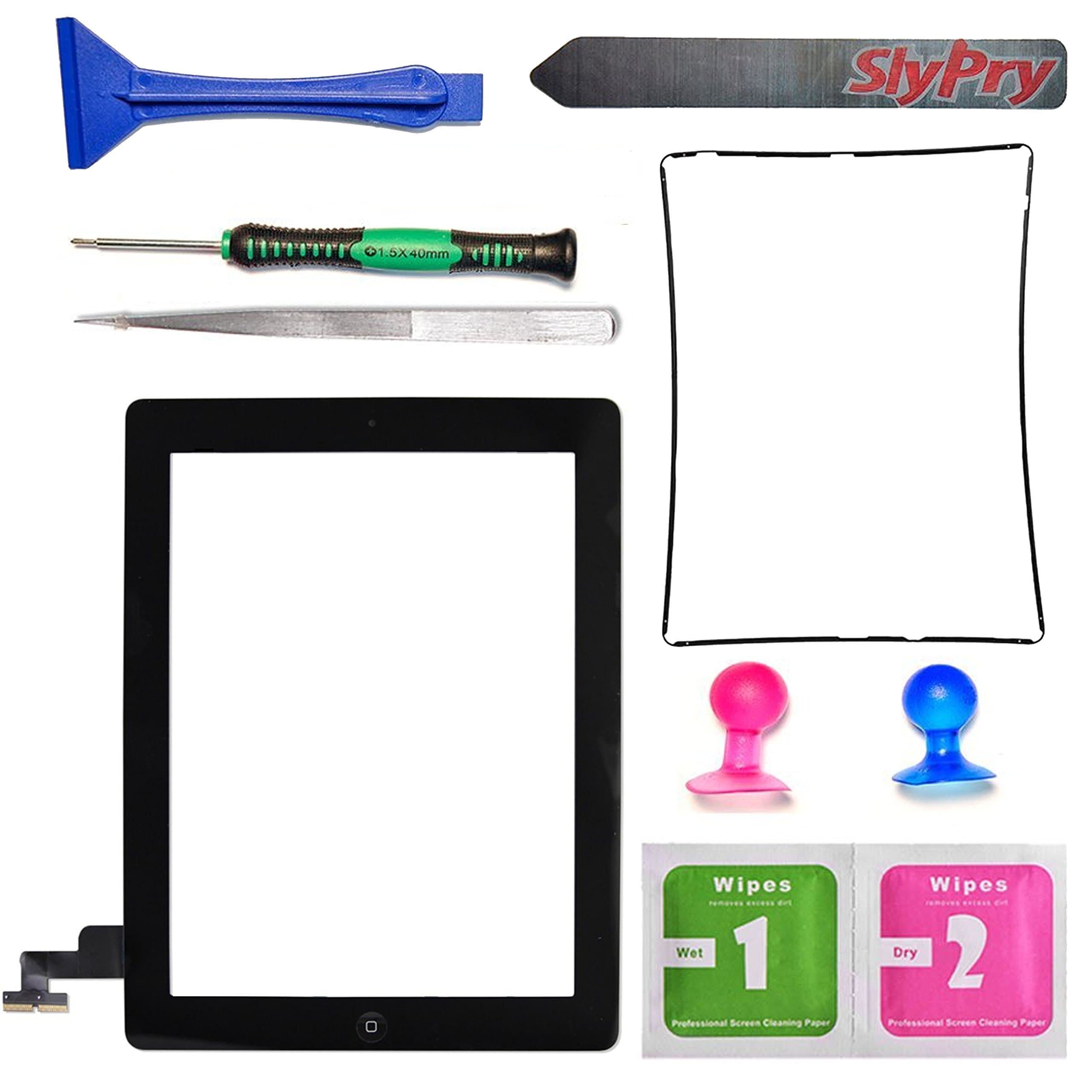 SlyPry Black Ipad 2 Digitizer Touch Screen Front Glass Assembly - Includes Home Button + Camera Holder + Frame Bezel + Preinstalled Adhesive + Cleaning Kit with Slypry Premium Tool Kit