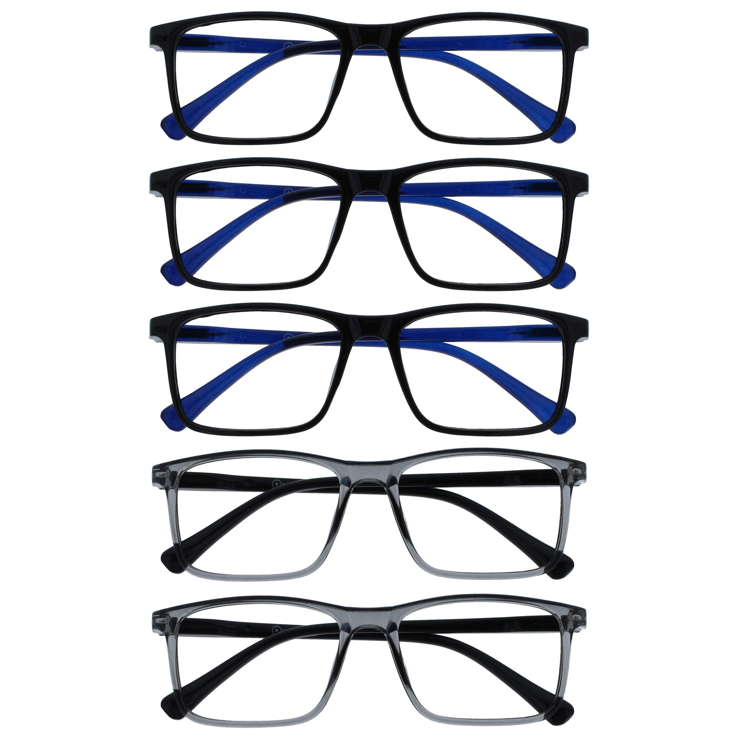 OPULIZE INK Reading Glasses - Value 5 Pack - Large Rectangular Frame - Spring Hinges - Scratch Resistant - Black Grey - Mens Womens +2.00
