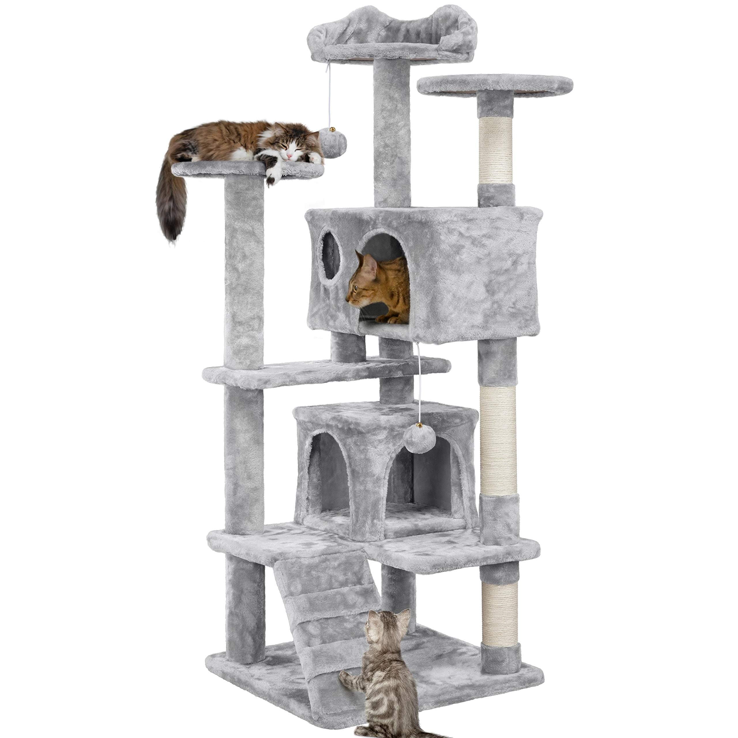 138.5cm Cat Tree with Scratching Posts, Cat Climbing Tower w/Condo & Ladder for Indoor Cats, Light Grey