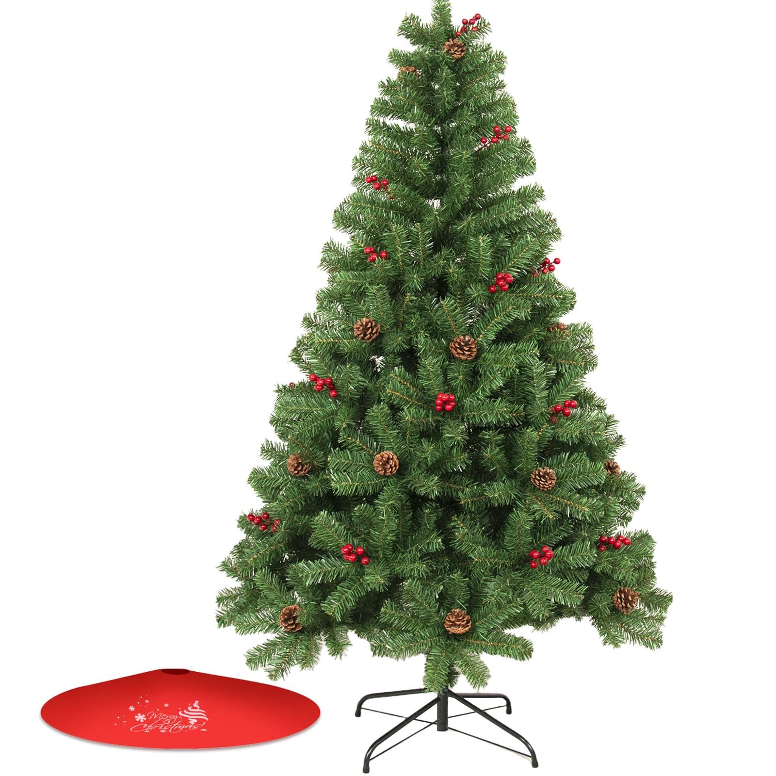 Christmas Tree 7FT/8FT Artificial Tree with Pine Cone and Red Fruit, Foldable Metal Stand for Holiday Christmas Decoration (Green+Red, 8FT)