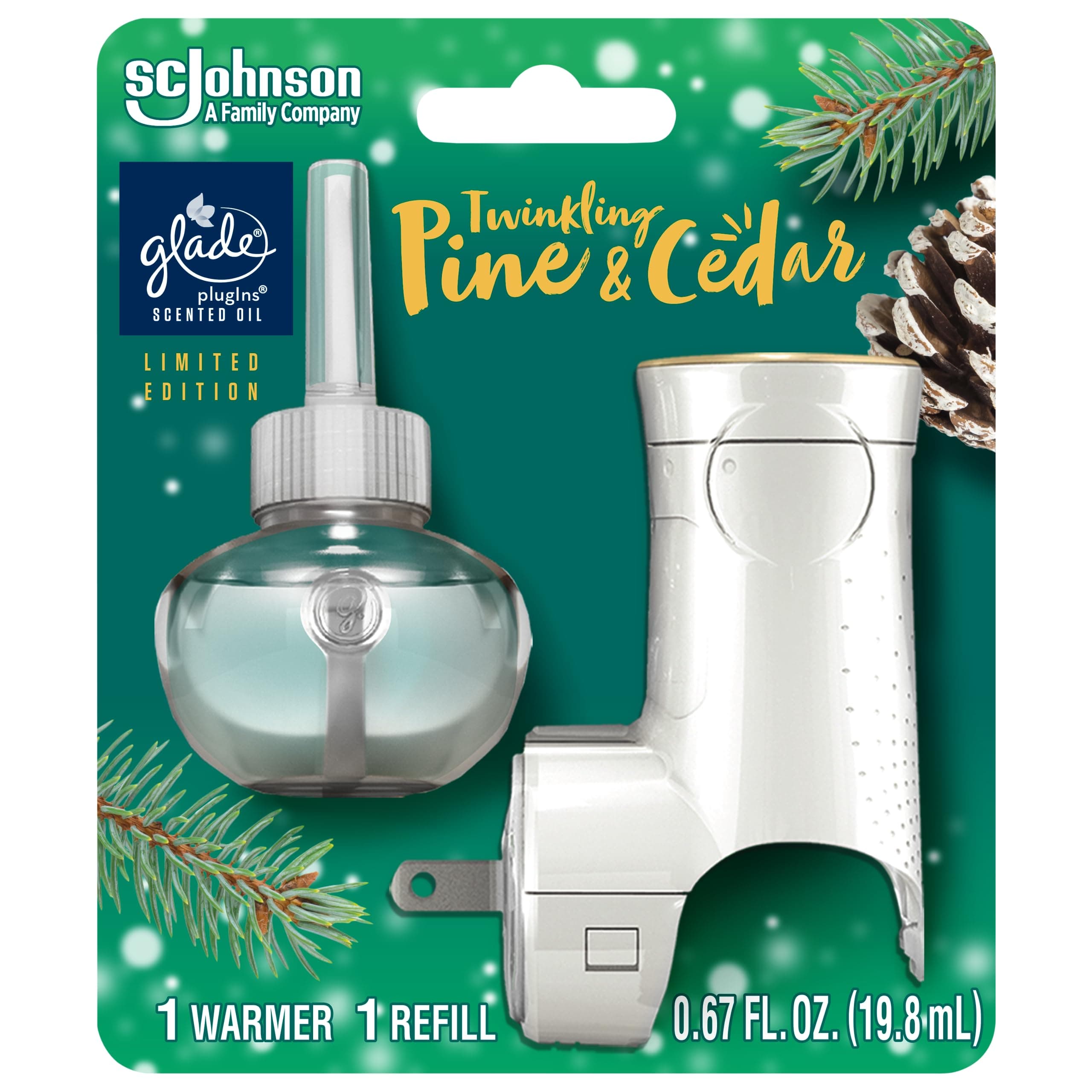 Glade PlugIns Refills Air Freshener Starter Kit, Scented and Essential Oils for Home and Bathroom, Twinkling Pine & Cedar, 0.67 Fl Oz, 1 Warmer + 1 Refill