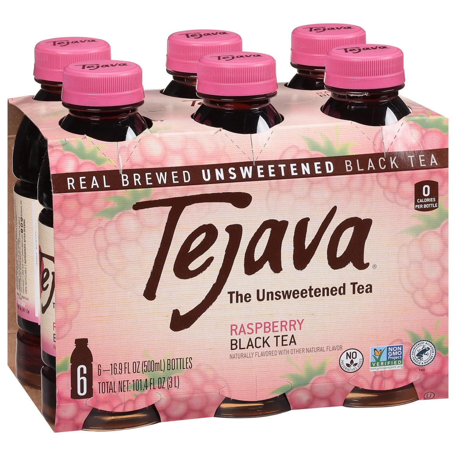 Tejava Raspberry Black Tea, 6 Pack 16.9 oz PET, Unsweetened, Ready-to-Drink Premium Iced Tea
