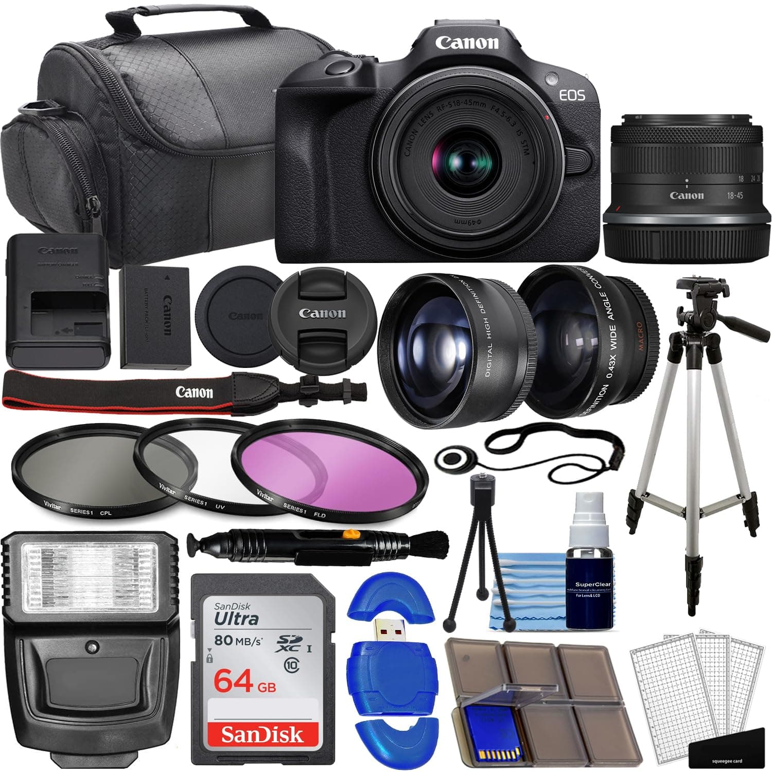 Canon EOS R100 Mirrorless Camera w/RF-S 18-45mm f/4.5-6.3 is STM Lens + Wide Angle Lens + Telephoto Lens + 64GB Memory + 3 Pc Filter Kit + Case + Flash + Tripod + More (37pc Bundle)