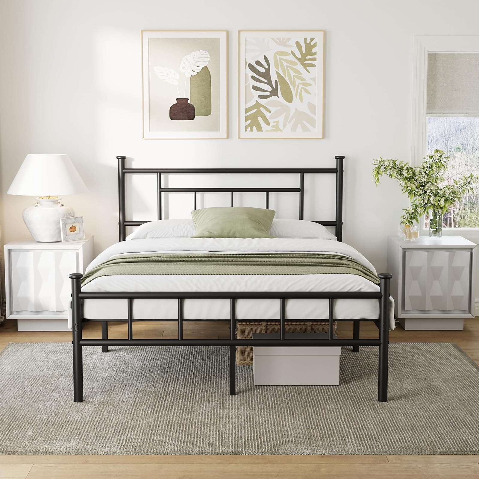 Queen Bed Frame No Box Spring Needed with Headboard and Footboard Heavy Duty Steel Slat Support 14" Height Easy Assembly Under Bed Storage Noise-Free Mattress Foundation