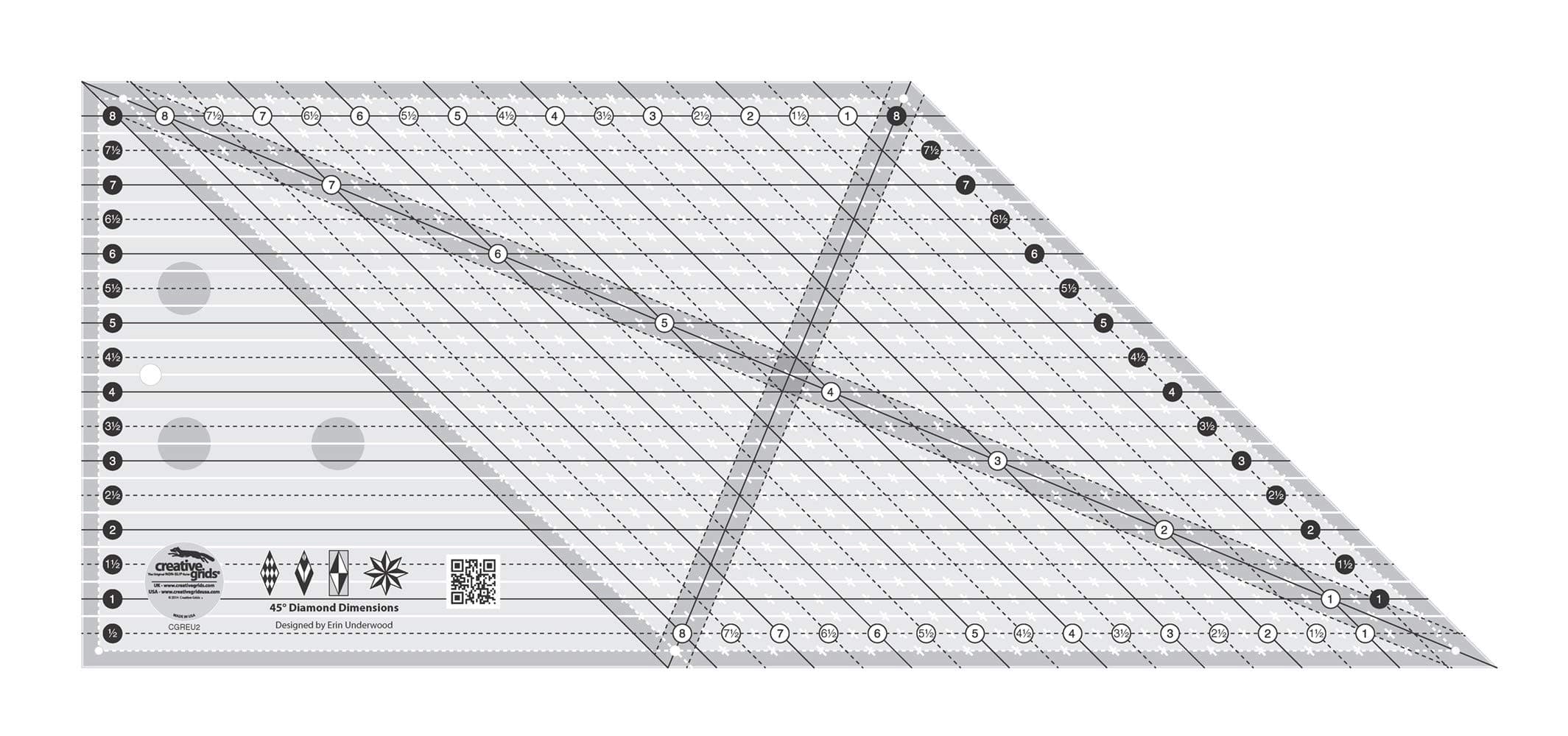 Creative Grids 45 Degree Diamond Dimensions Quilt Ruler – CGREU2 – Made in USA, 8-1/2in x 20-1/2in, Non-Slip Grip Acrylic Quilting, Sewing, Crafting, Patchwork Ruler & Template