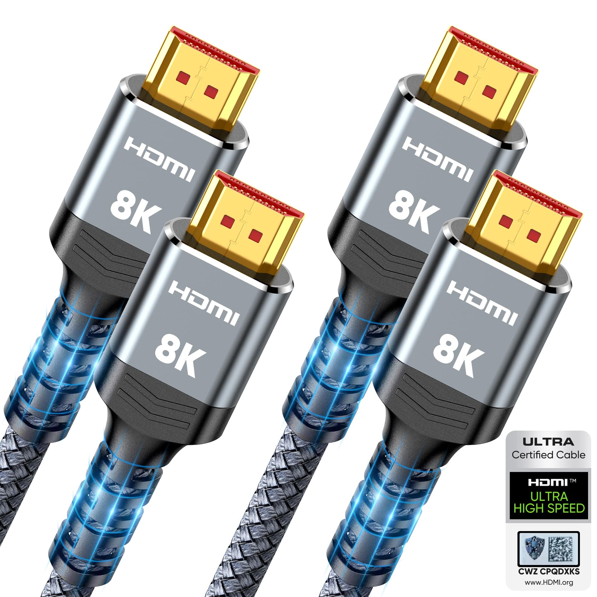 10K 8K HDMI 2.1 Cable 2-Pack 6.6FT, Highwings Certified 48Gbps Ultra High Speed Slim HDMI Cord,Support 4K@120Hz 8K@60Hz, HDCP 2.2&2.3, Dynamic HDR,eARC,DTS:X, Compatible with Roku TV/HDTV/PS5/Blu-ray