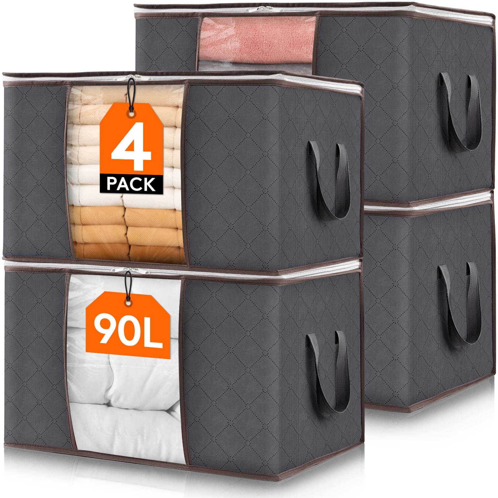 Lifewit 90L Large Capacity Clothes Storage Bag Organizer with Reinforced Handle Thick Fabric for Comforters, Blankets, Bedding, Foldable with Sturdy Zipper, Clear Window, 4 Pack, Grey