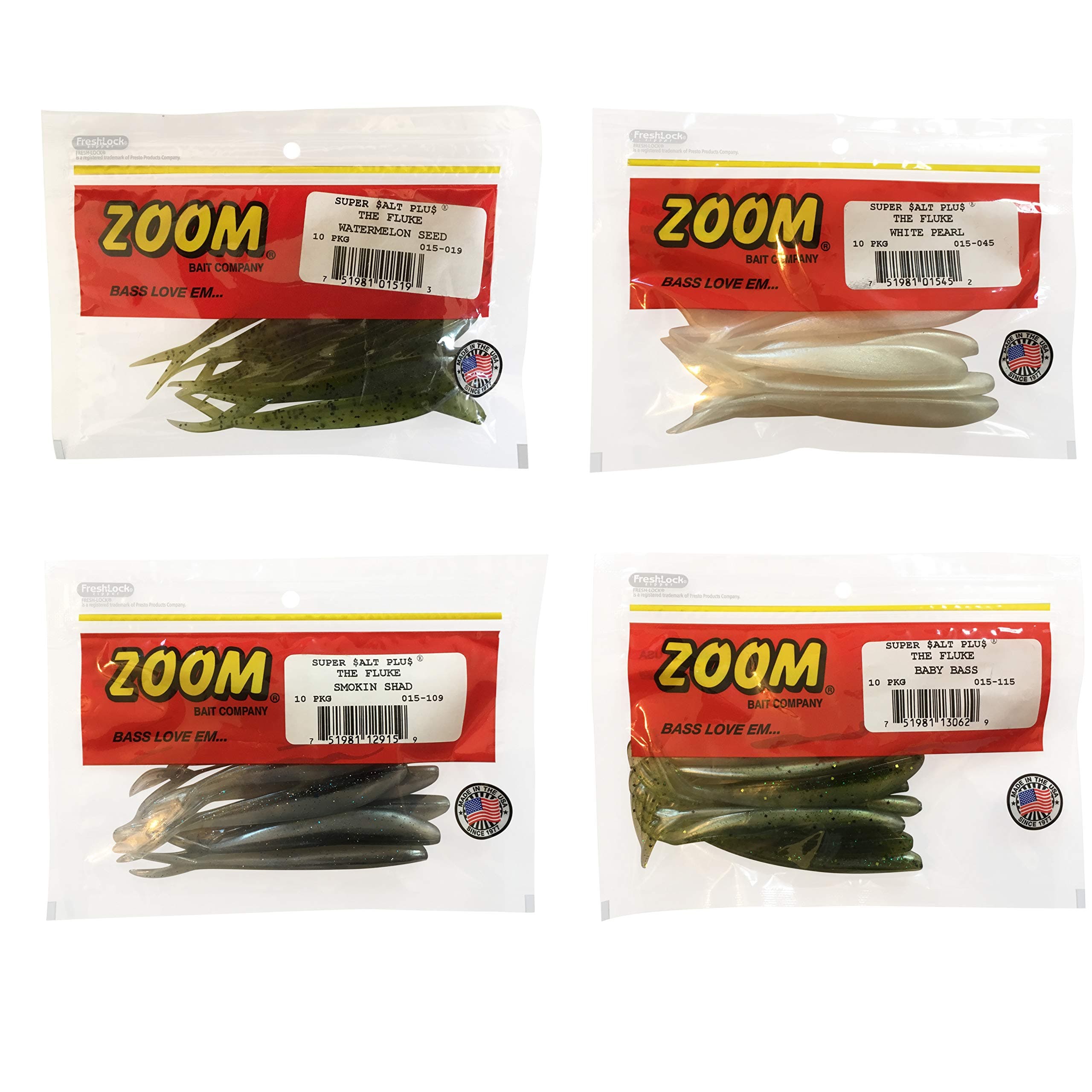 Bundle: Zoom Fluke Bait Lures - 4 1/4" Watermelon Seed 10 Pack, 4 1/4" White Pearl 10 Pack, 4 1/4" Smokin Shadow 10 Pack and 4 1/4" Baby Bass 10 Pack