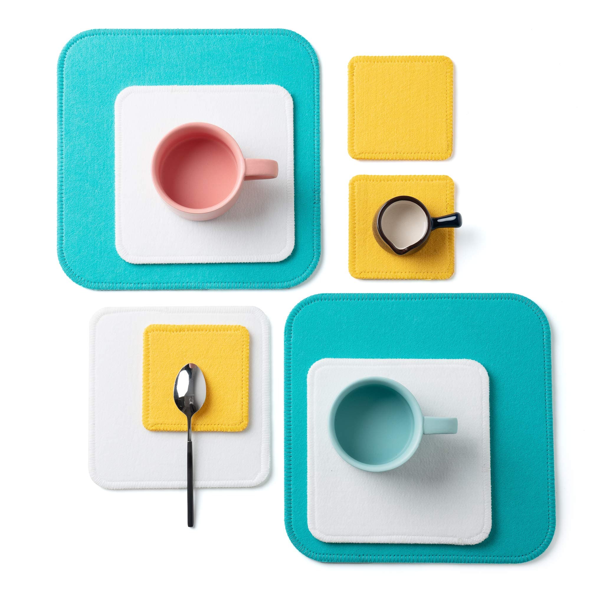 chillify Placemats and Coasters - Square Felt Table Mats Set of 9, Stitched Round Edges, Non Slip Heat Resistant Washable, Indoor/Outdoor Dinner Placemats, Perfect Housewarming Gift, Yellow White Blue