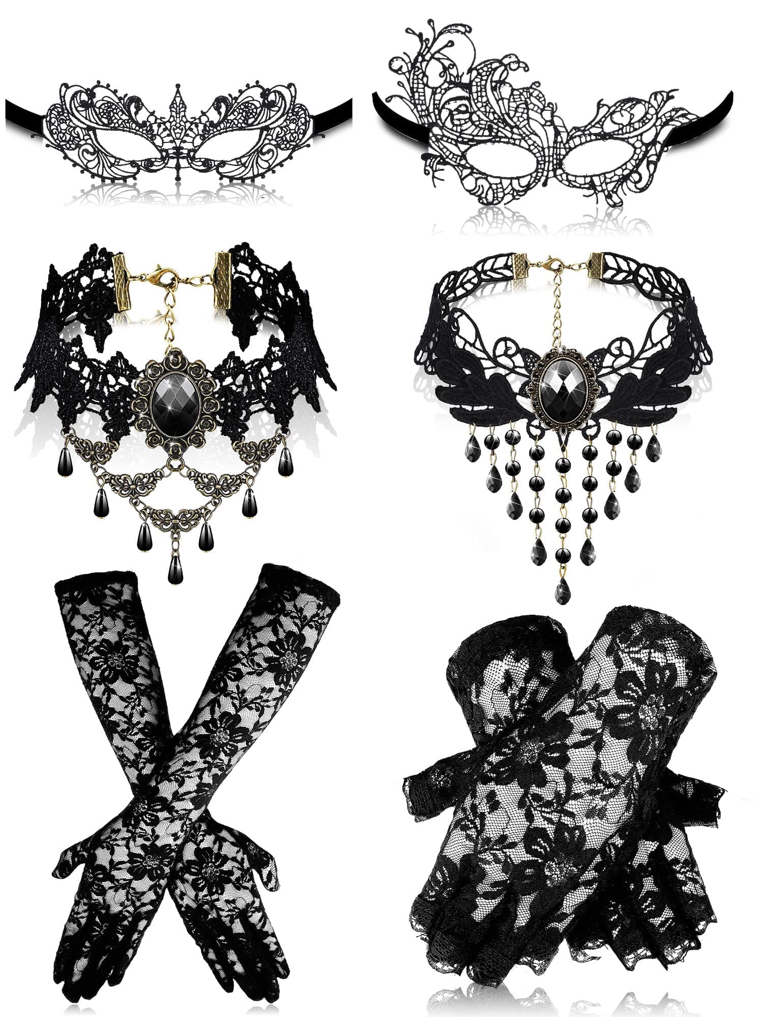Excefore Masquerade Mask Set - 6 Pcs Including 2 Lace Eyemasks, 2 Choker Necklaces, 2 Gloves for Valentine's Day