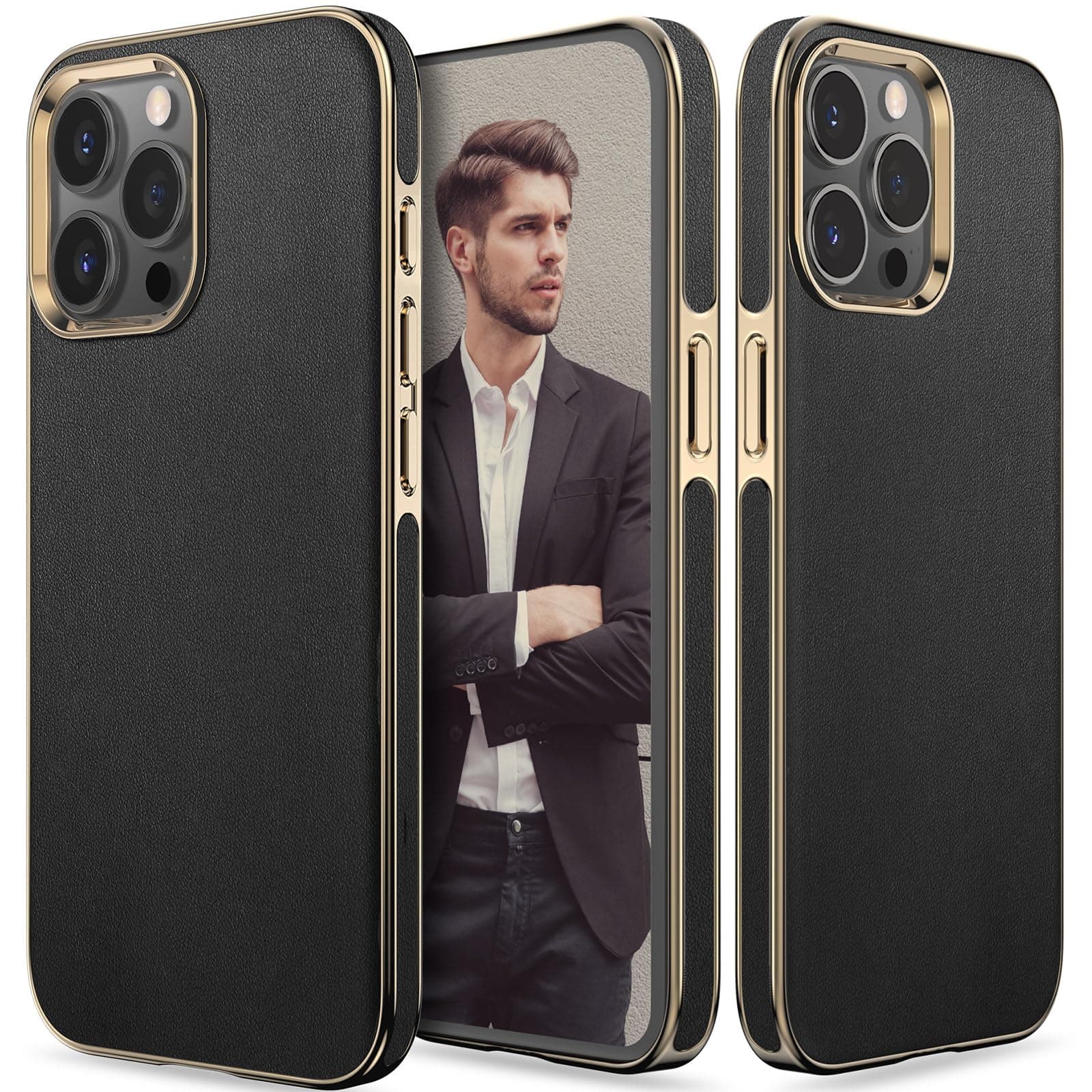 Compatible for iPhone 15 Pro Max case, Luxury Leather Business Premium Classic Cover, Anti-Slip, Scratch Resistance phone case (iPhone 15 Pro Max, Black)