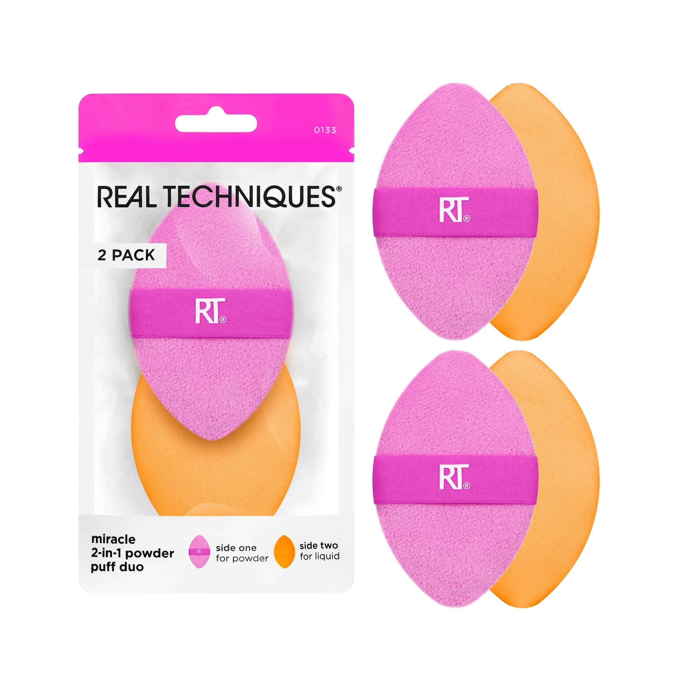 Real Techniques Miracle 2-In-1 Powder Puff, Dual-Sided, Full-Size Makeup Blending Puff, Reversible Elastic Band, Precision Tip Makeup Sponge and Powder Puff, For Liquid, Cream and Powder, 2 Count