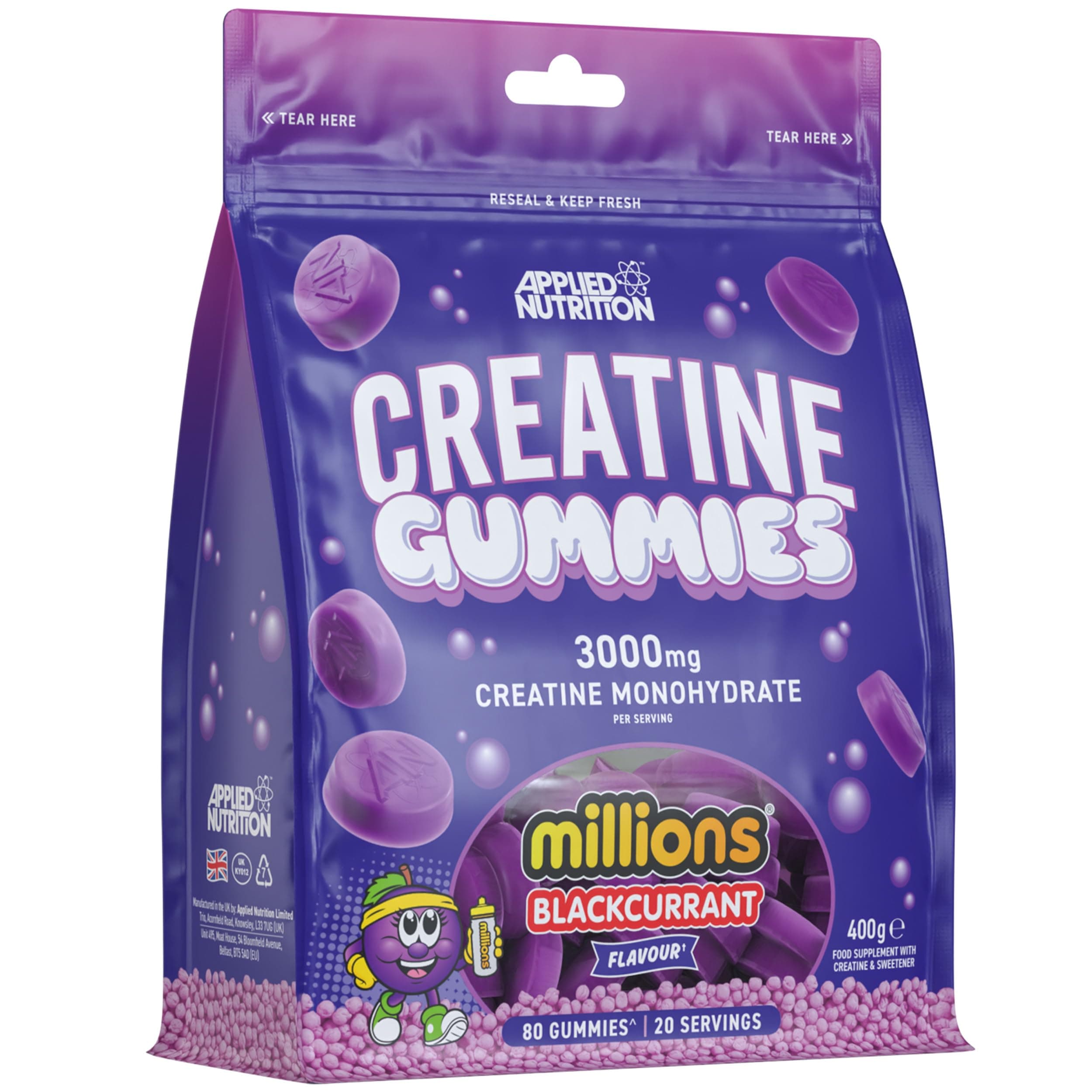 Creatine Gummies - 3000mg Creatine Monohydrate per Serving - 80 Chewable Vegan Gummies for Strength, Power & Recovery (20 Servings) (Millions Blackcurant)